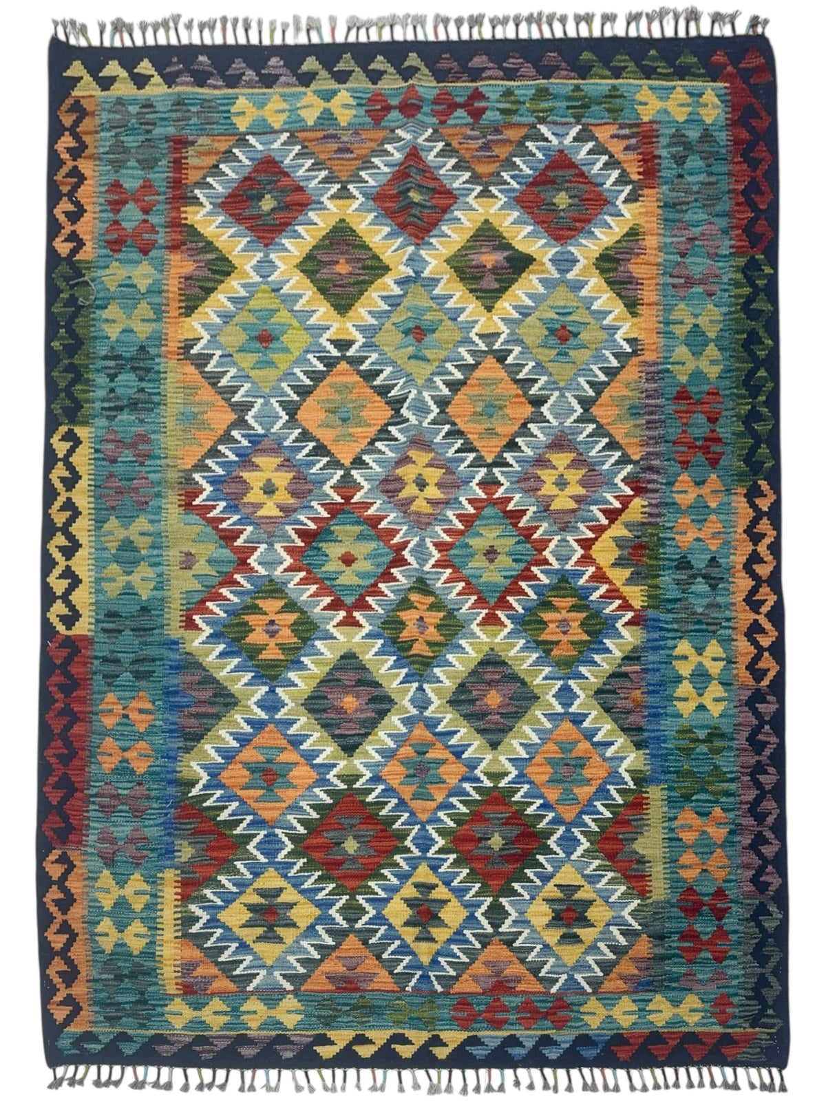 Afghan Kilim Rug 5x7, Teal, Navy & Gold, Hand-Woven Wool Flatweave