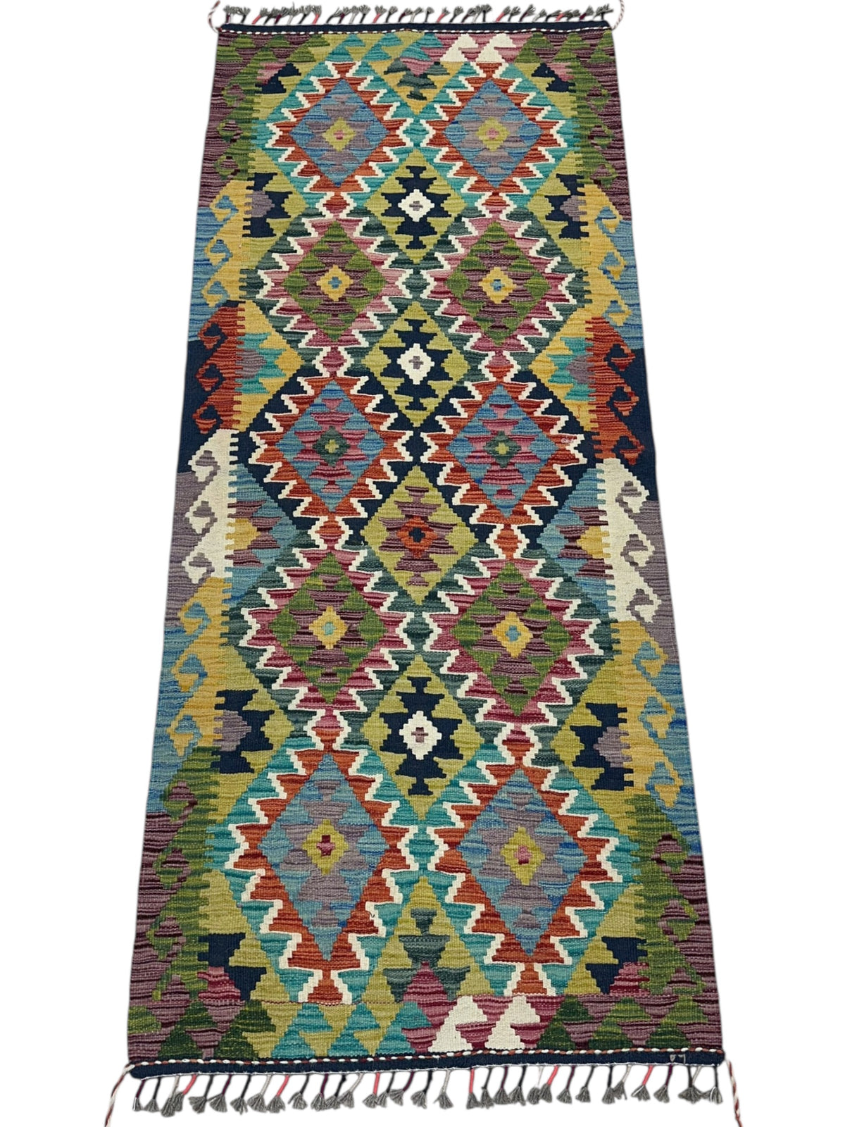 Afghan Kilim Runner 3x7, Olive Green, Teal & Rust, Hand-Woven Wool Flatweave, view 2
