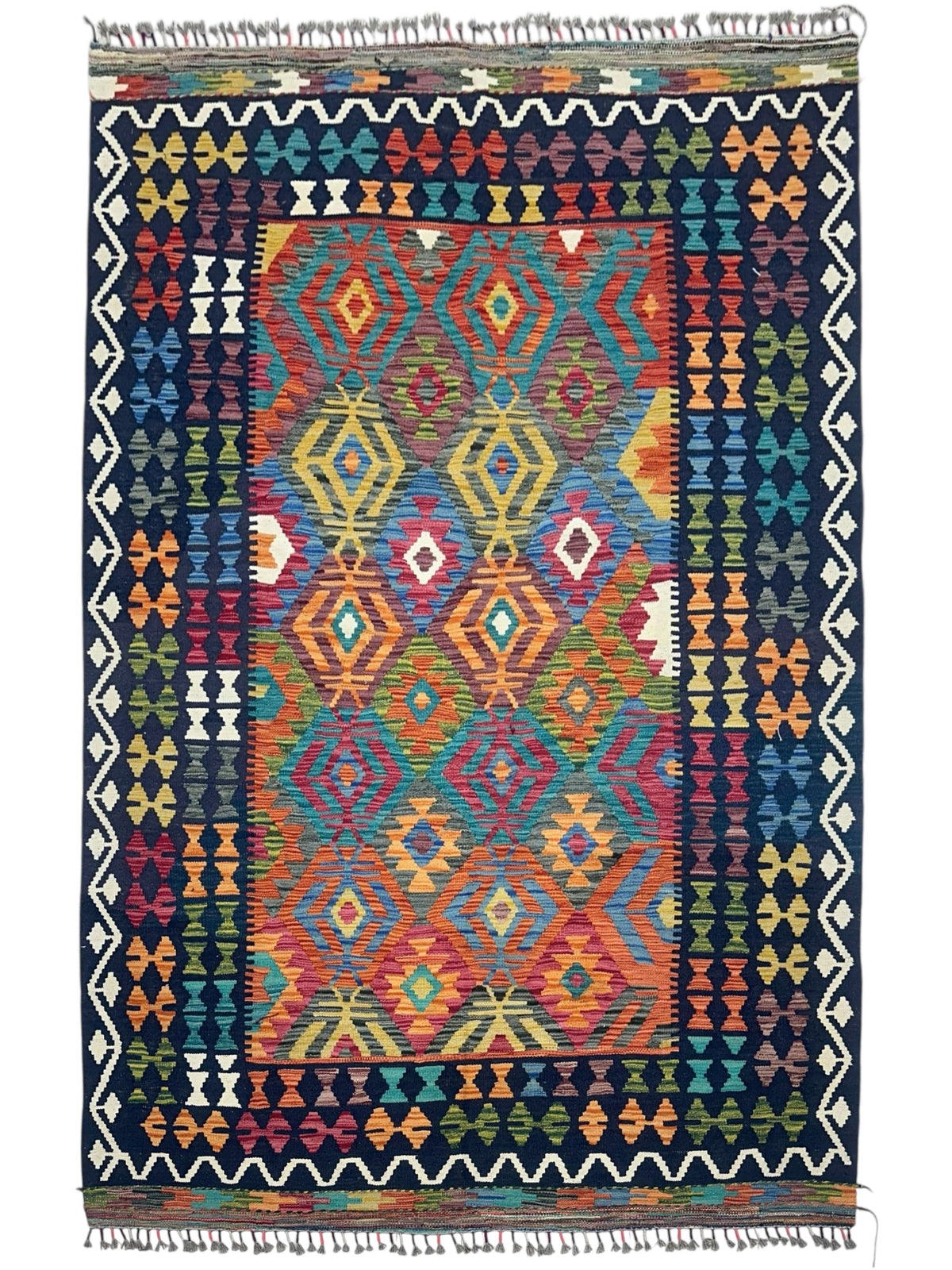 Afghan Kilim Rug 6x8, Navy, Orange & Teal, Hand-Woven Wool Flatweave
