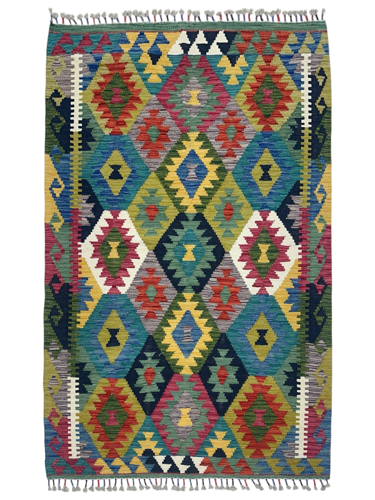Afghan Kilim Rug 4x6, Olive Green, Teal & Red, Hand-Woven Wool Flatweave