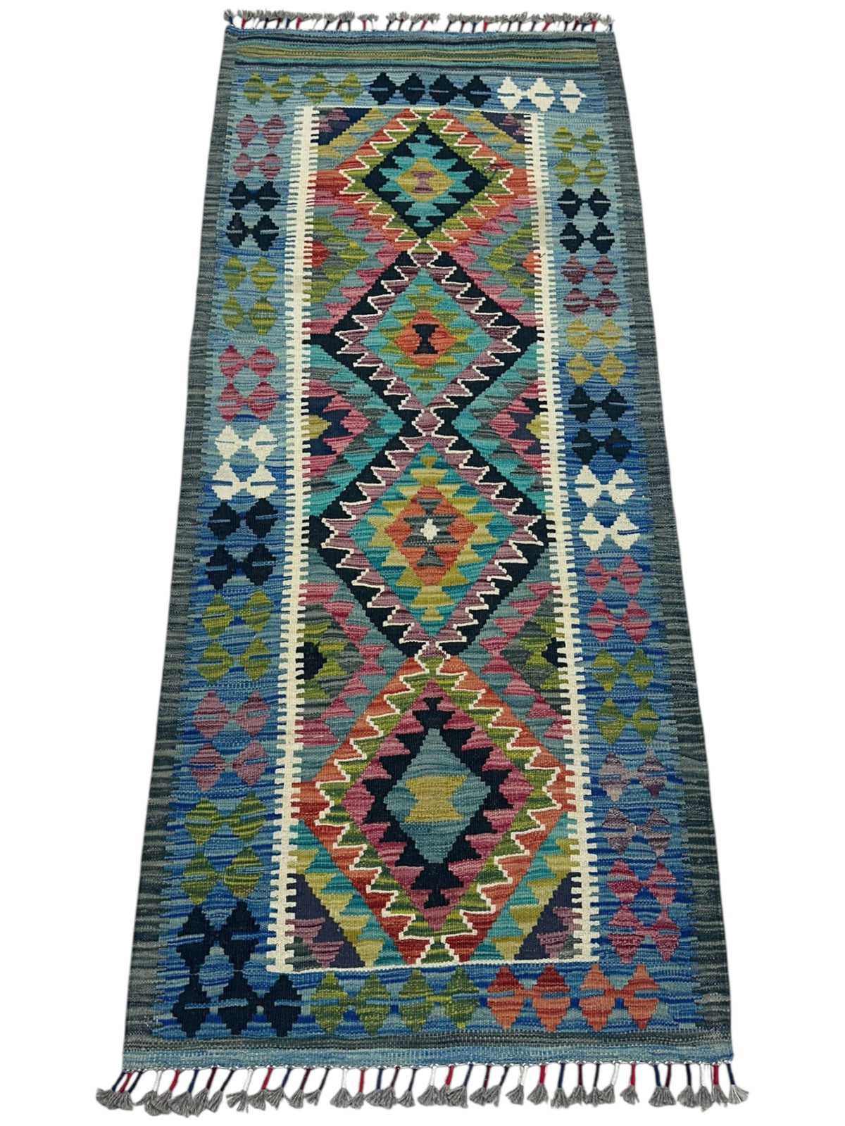 Afghan Kilim Rug 3x6, Blue, Olive Green & Teal, Hand-Woven Wool Flatweave, view 2