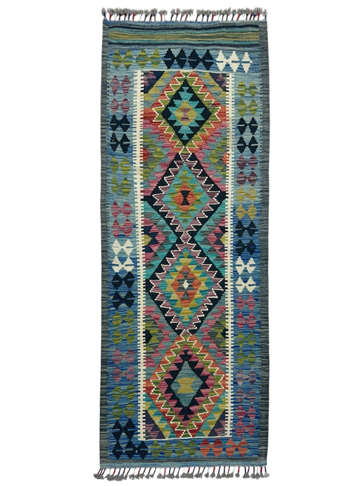 Afghan Kilim Rug 3x6, Blue, Olive Green & Teal, Hand-Woven Wool Flatweave