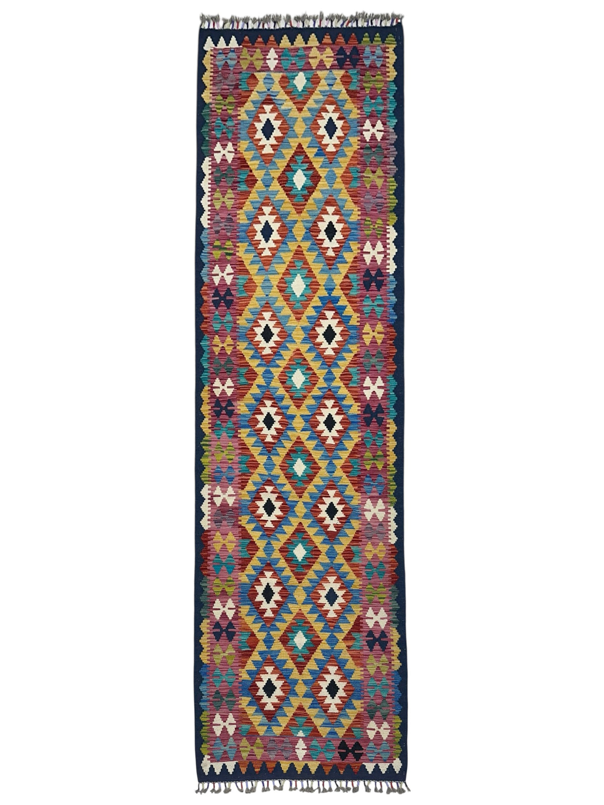 Afghan Kilim Rug 5x7, Blue, Gold & Pink, Hand-Woven Wool Flatweave