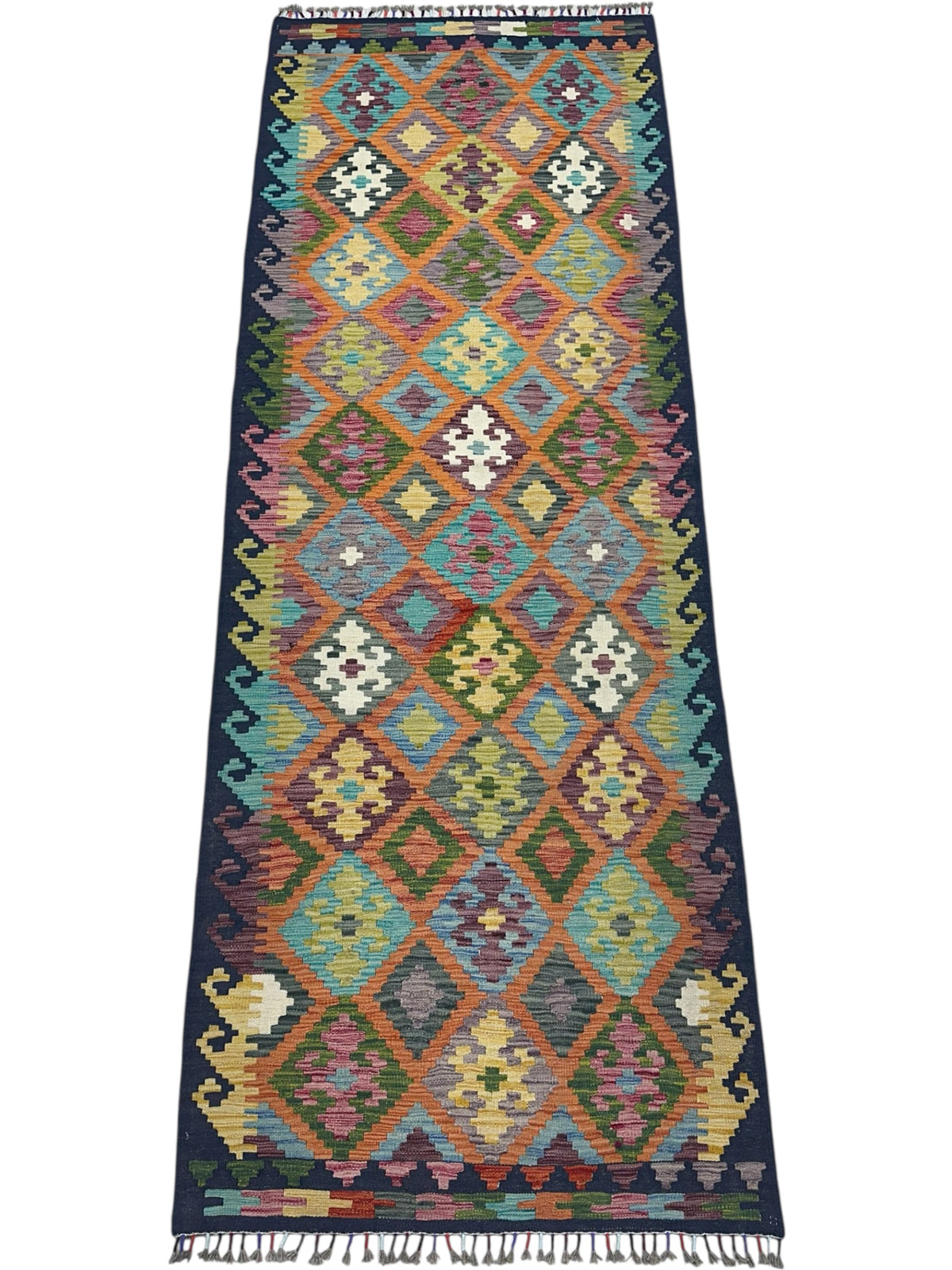 Afghan Kilim Runner 3x10, Orange, Olive Green & Navy, Hand-Woven Wool Flatweave, view 2