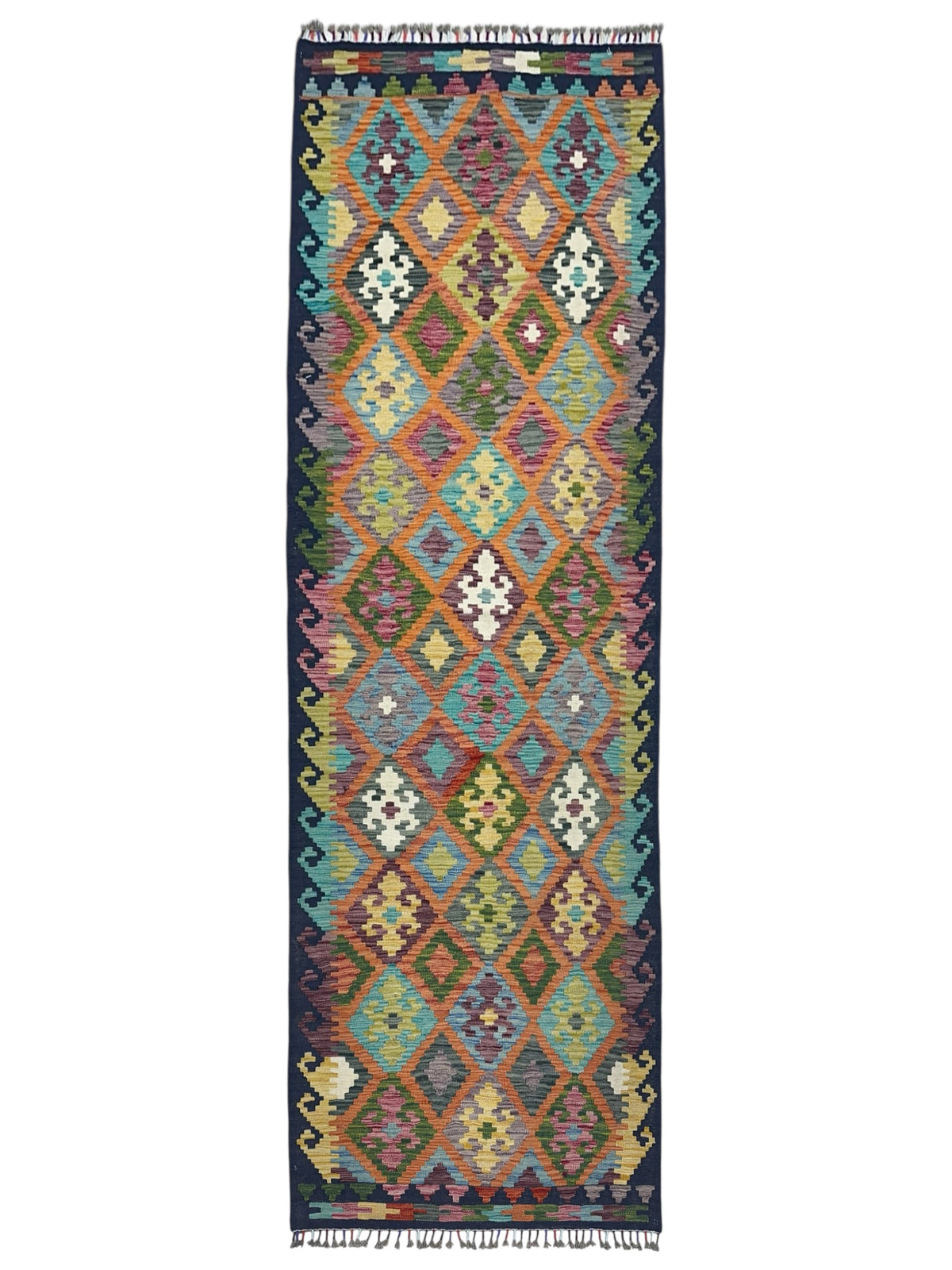 Afghan Kilim Runner 3x10, Orange, Olive Green & Navy, Hand-Woven Wool Flatweave