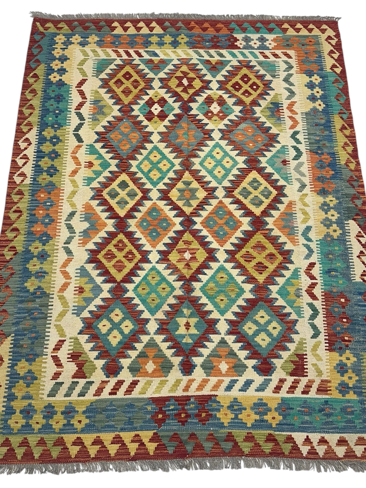 Afghan Kilim Rug 5x6, Rust, Ivory & Teal, Hand-Woven Wool Flatweave, view 2