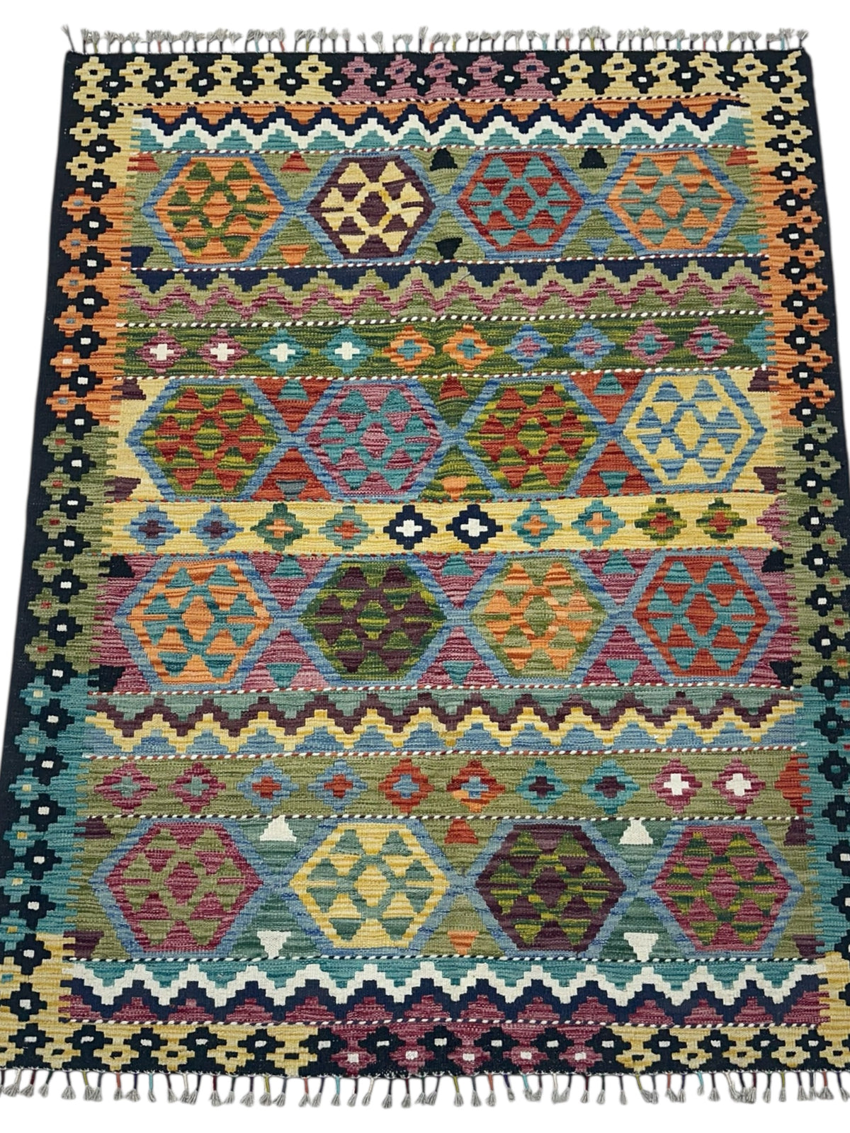 Afghan Kilim Rug 5x7, Gold, Black & Olive Green, Hand-Woven Wool Flatweave, view 2