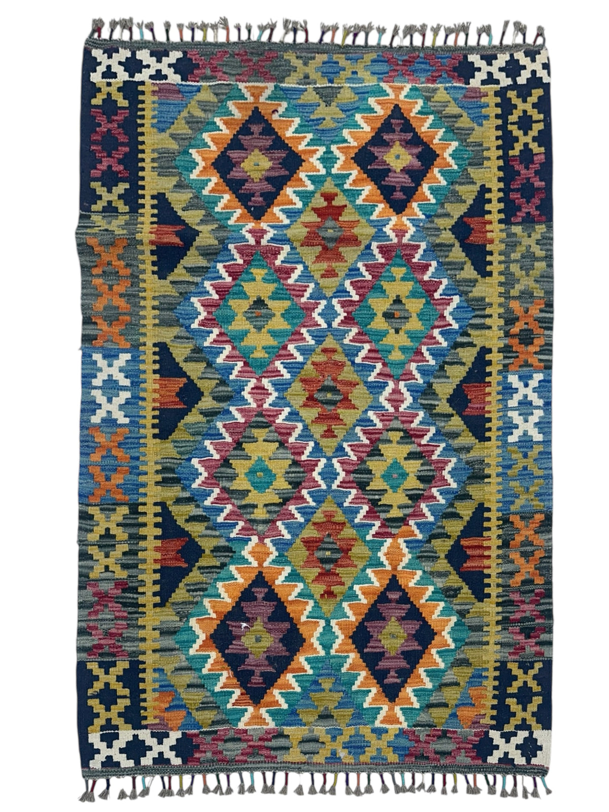 Afghan Kilim Rug 3x5, Olive Green, Navy & Orange, Hand-Woven Wool Flatweave