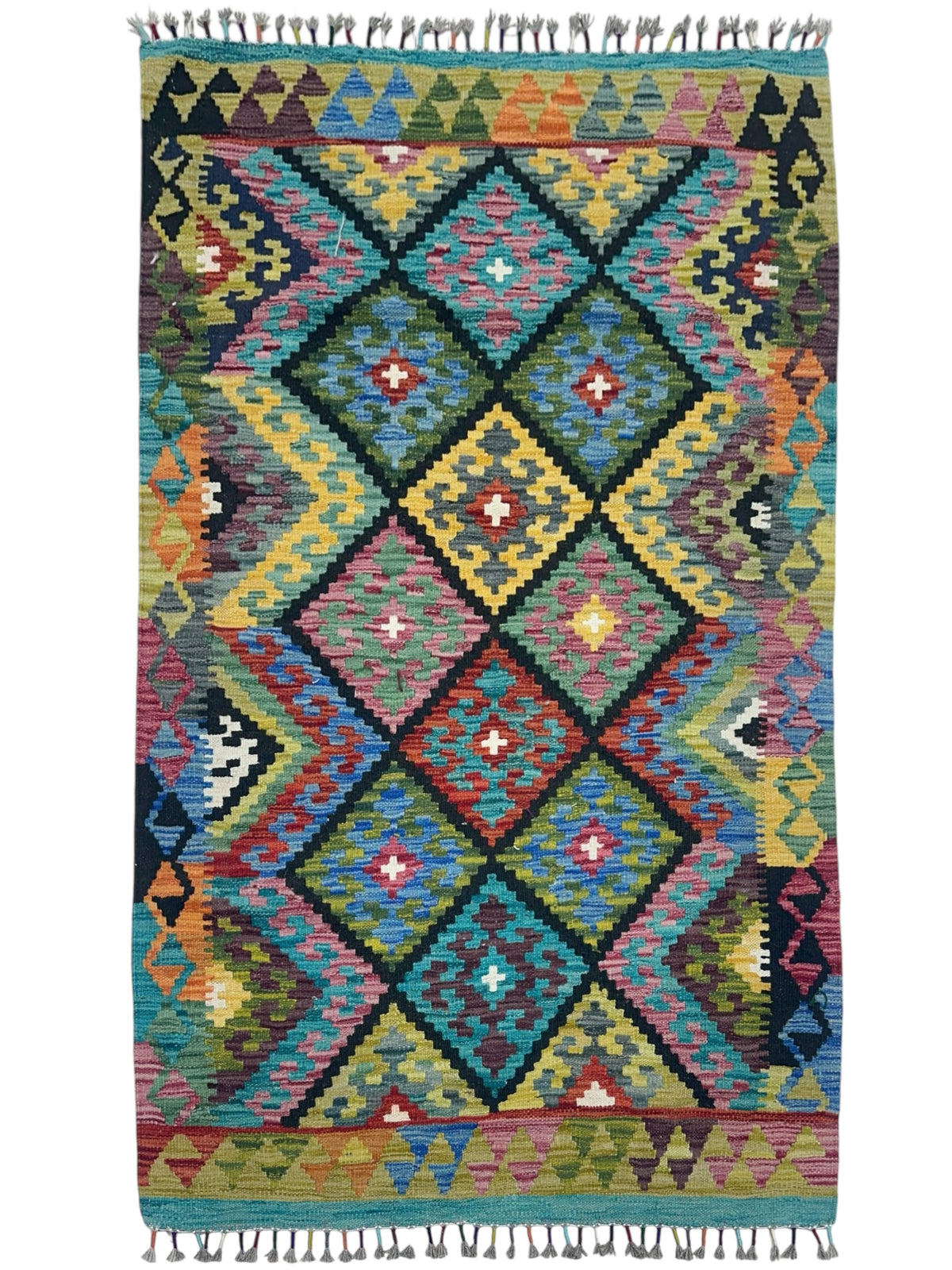 Afghan Kilim Rug 3x5, Olive Green, Teal & Gold, Diamond Lattice Wool Flatweave