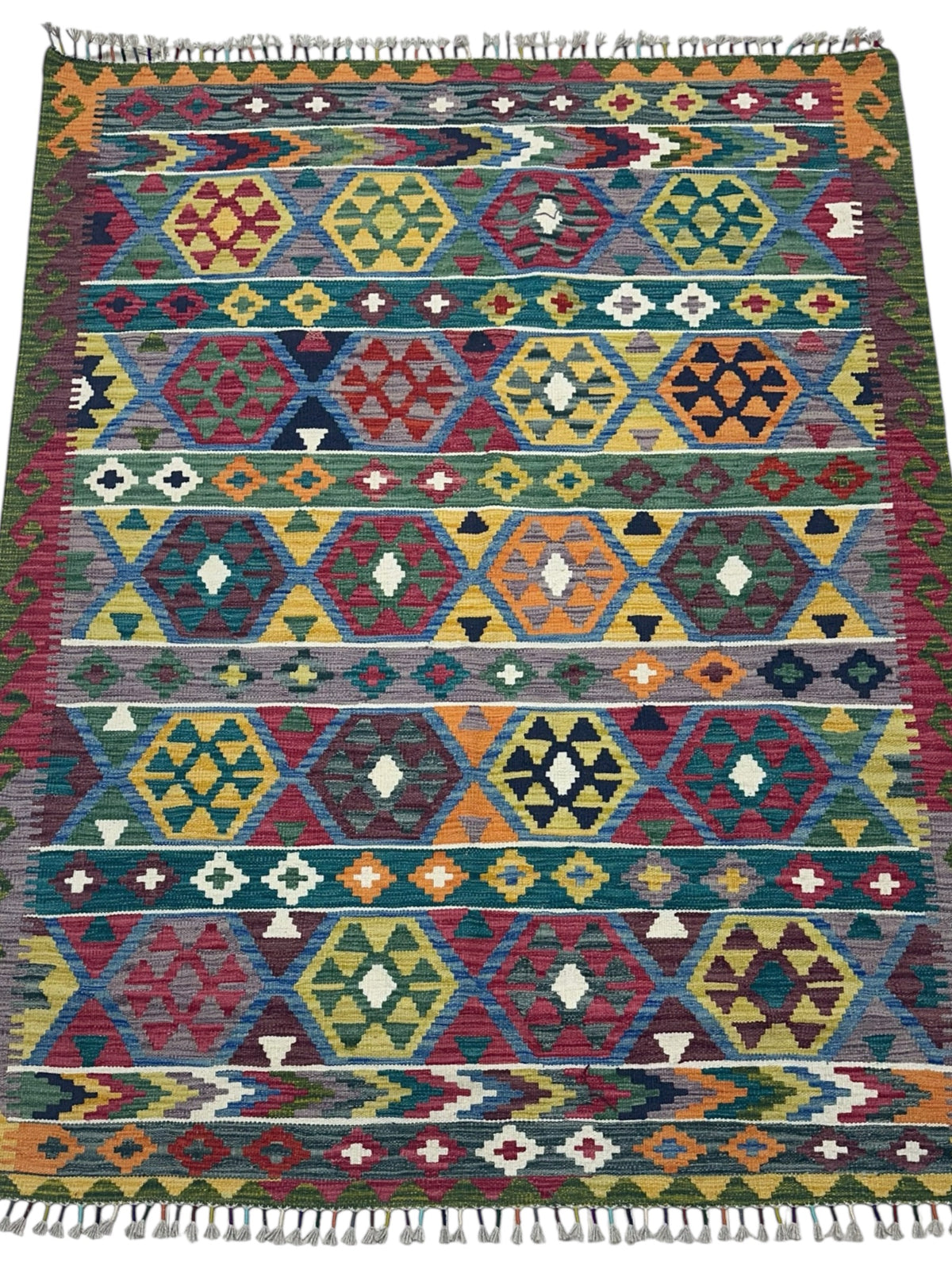 Afghan Kilim Rug 5x7, Teal, Red & Gold, Striped Wool Flatweave, view 2