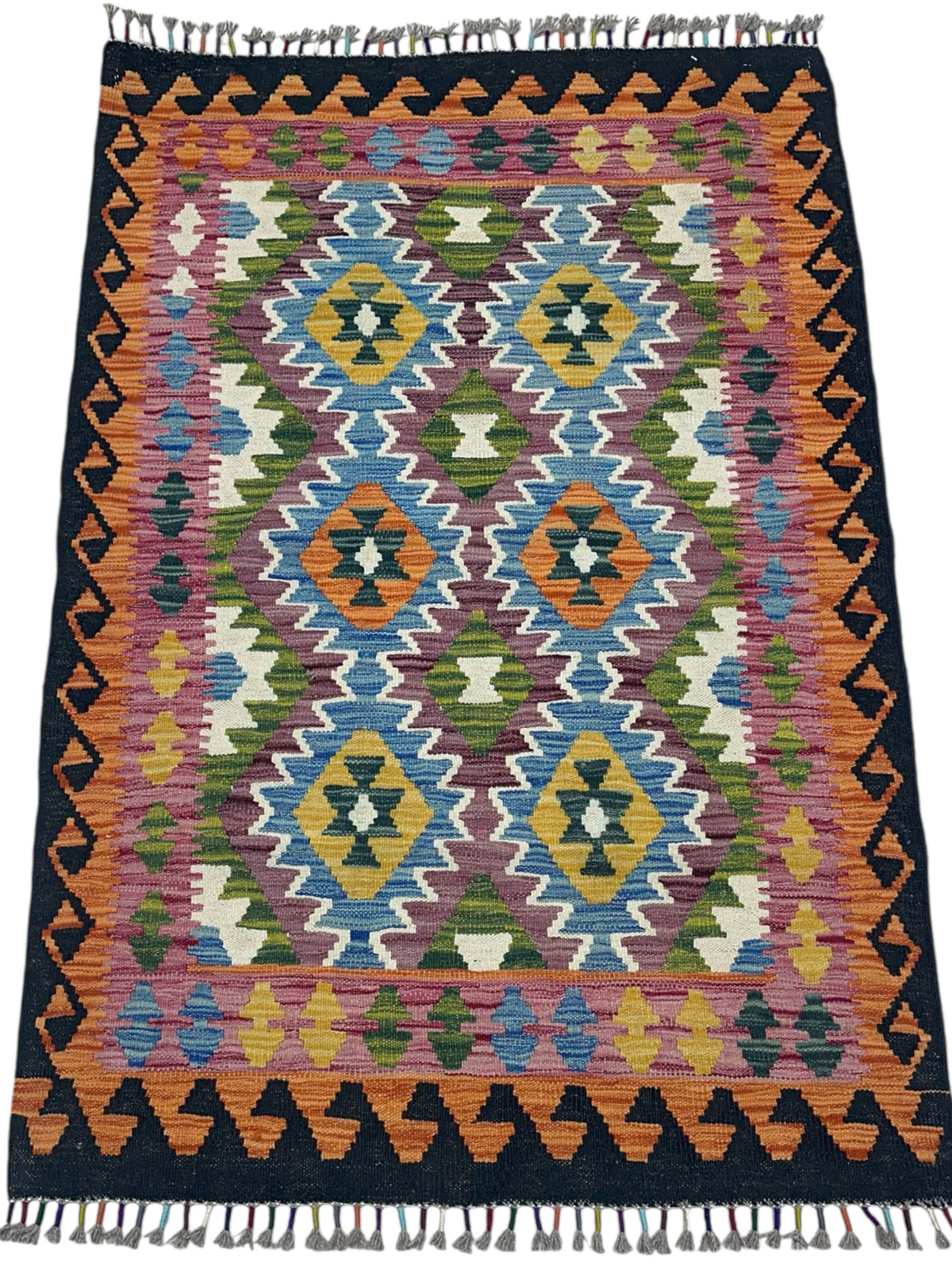 Afghan Kilim Rug 3x5, Black, Orange & Blue, Hand-Woven Wool Flatweave, view 2