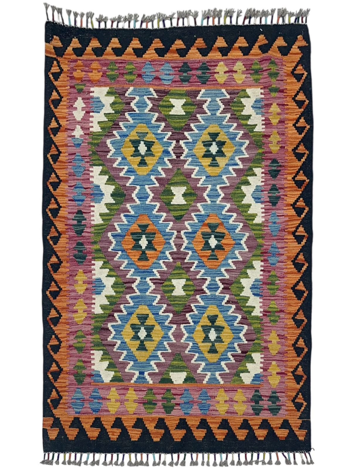 Afghan Kilim Rug 3x5, Black, Orange & Blue, Hand-Woven Wool Flatweave