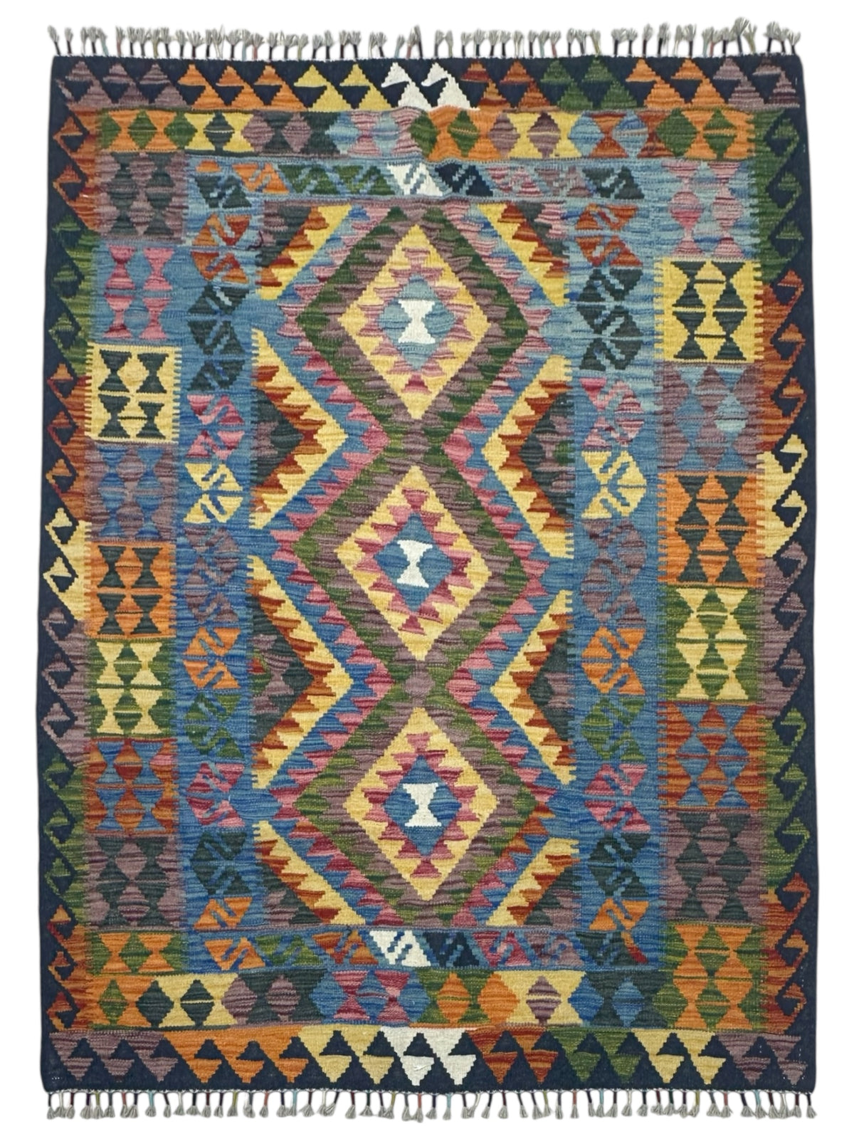 Afghan Kilim Rug 4x6, Blue, Navy & Gold, Hand-Woven Wool Flatweave