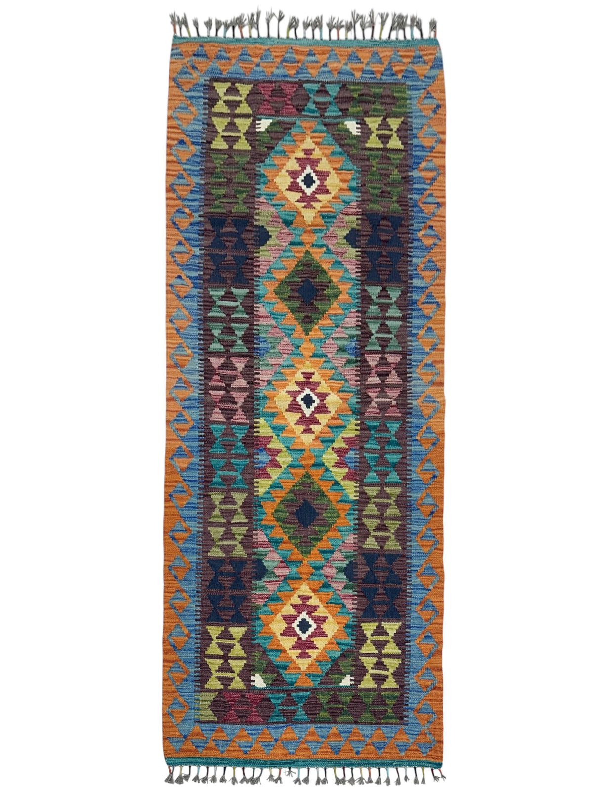 Afghan Kilim Runner 3x6, Orange, Navy & Teal, Hand-Woven Wool Flatweave