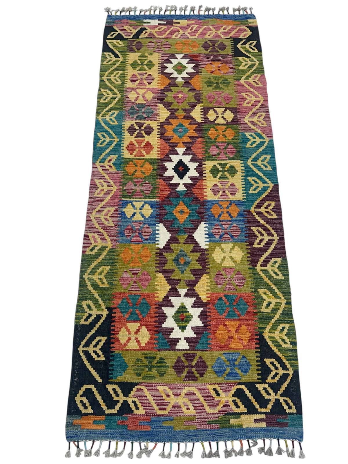 Afghan Kilim Runner 3x6, Olive Green, Black & Pink, Hand-Woven Wool Flatweave, view 2
