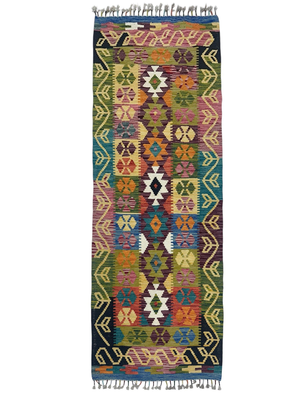 Afghan Kilim Runner 3x6, Olive Green, Black & Pink, Hand-Woven Wool Flatweave