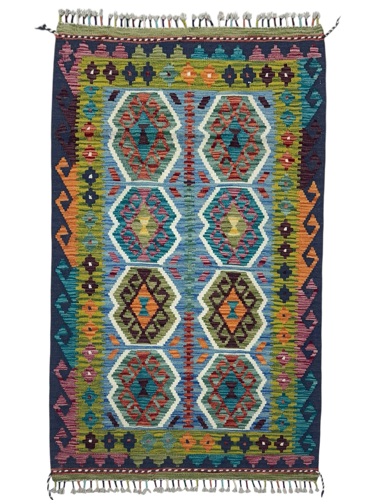 Afghan Kilim Rug 3x5, Olive Green, Navy & Blue, Hand-Woven Wool Flatweave