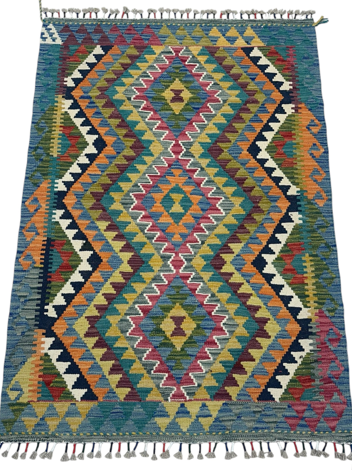 Afghan Kilim Rug 3x5, Teal, Gold & Orange, Diamond Medallion Wool Flatweave, view 2