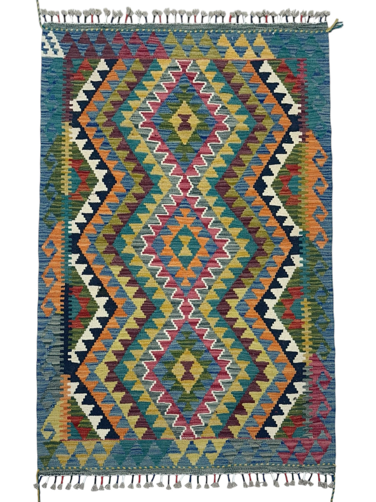 Afghan Kilim Rug 3x5, Teal, Gold & Orange, Diamond Medallion Wool Flatweave