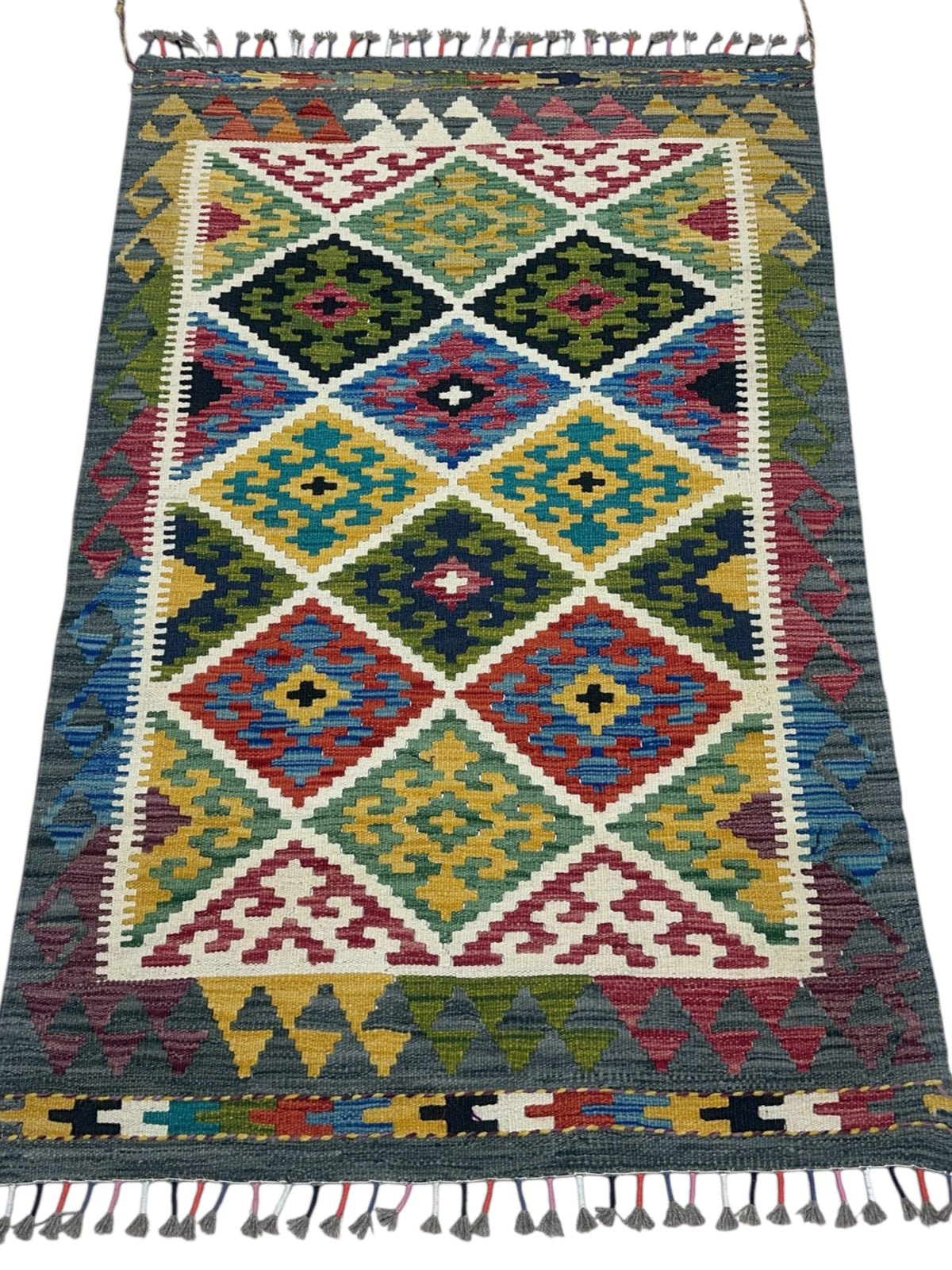 Afghan Kilim Rug 3x5, Gray, Olive Green & Ivory, Hand-Woven Wool Flatweave, view 2