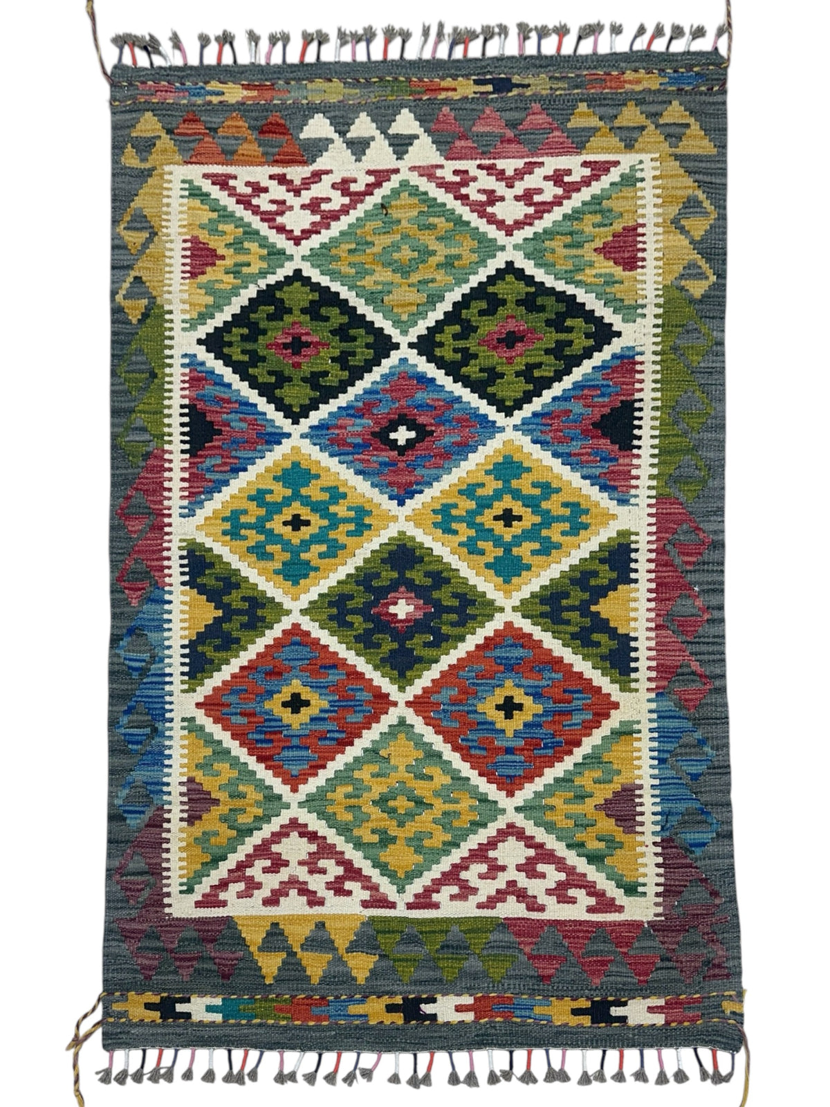 Afghan Kilim Rug 3x5, Gray, Olive Green & Ivory, Hand-Woven Wool Flatweave