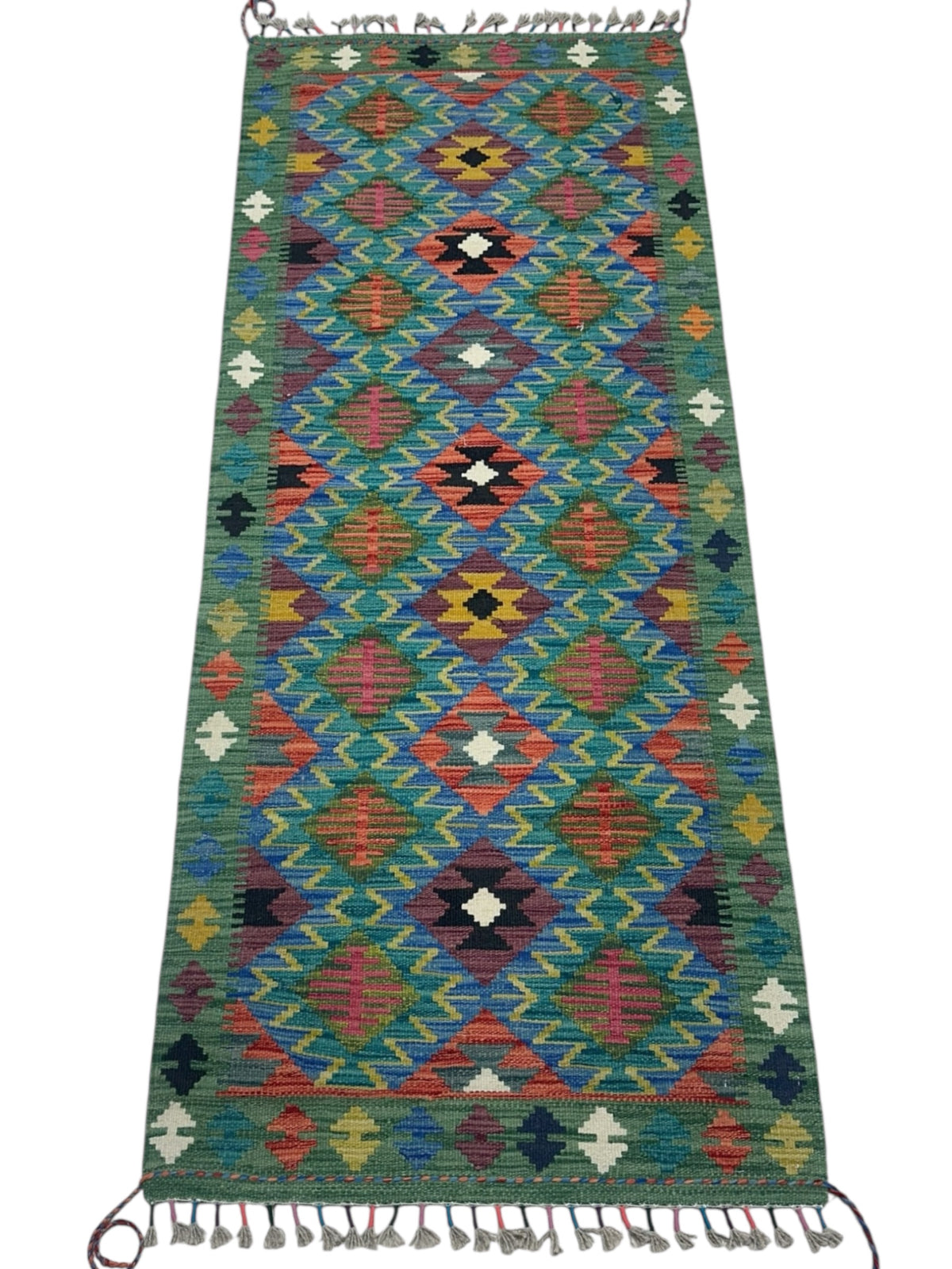 Afghan Kilim Runner 3x7, Blue, Teal & Rust, Hand-Woven Wool Flatweave, view 2