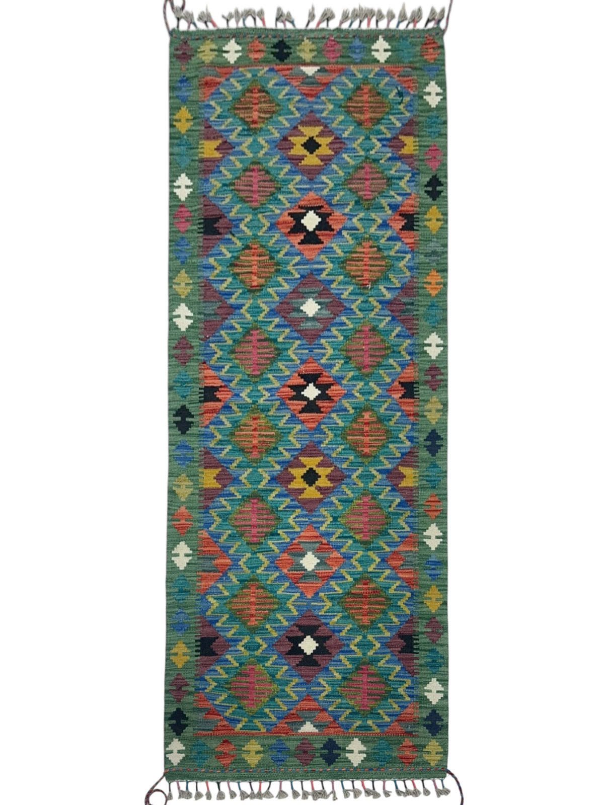 Afghan Kilim Runner 3x7, Blue, Teal & Rust, Hand-Woven Wool Flatweave