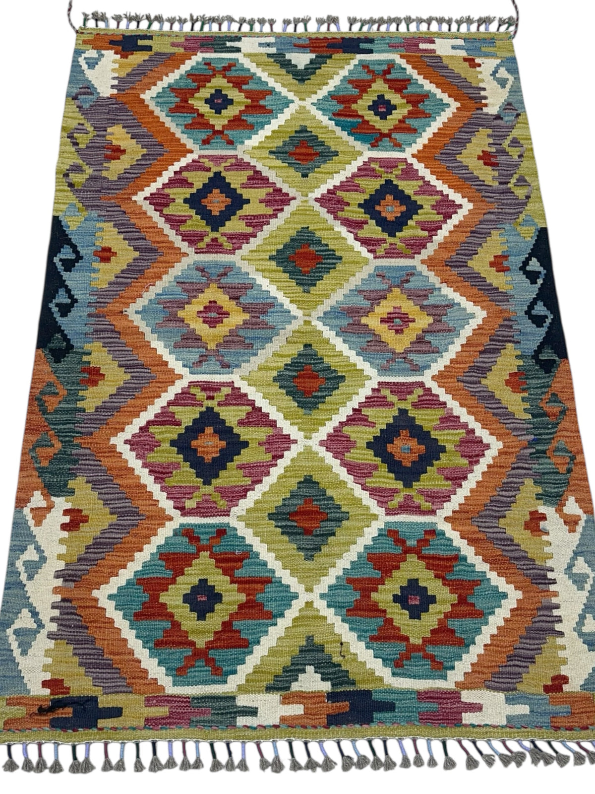 Afghan Kilim Rug 3x5, Olive Green, Rust & Teal, Diamond Lattice Wool Flatweave, view 2