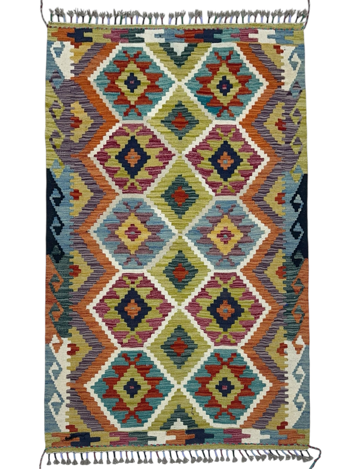 Afghan Kilim Rug 3x5, Olive Green, Rust & Teal, Diamond Lattice Wool Flatweave