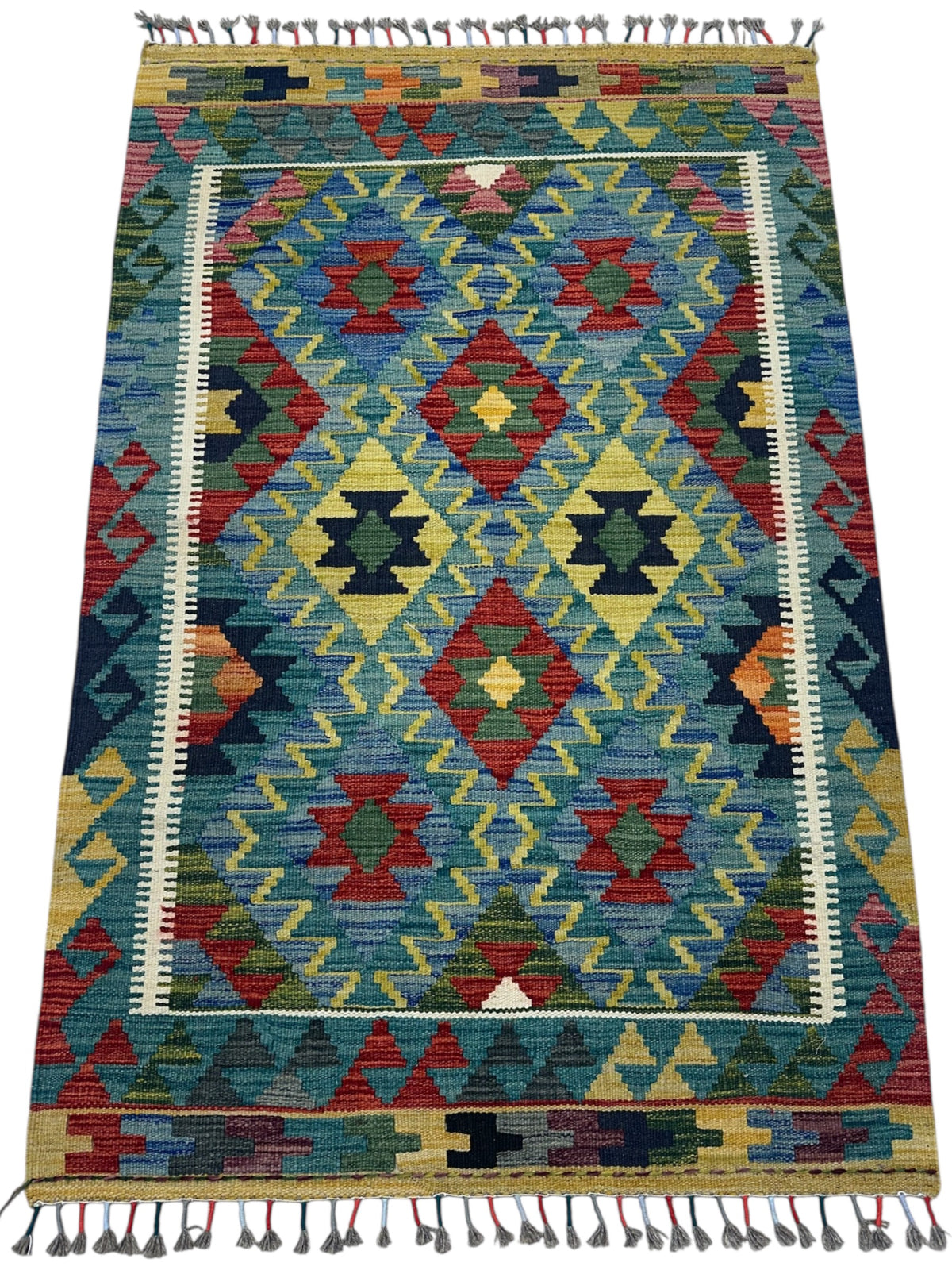 Afghan Kilim Rug 3x5, Blue, Red & Gold, Hand-Woven Wool Flatweave, view 2