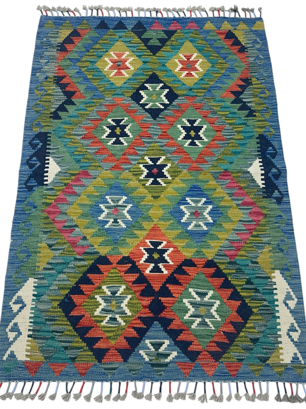 Afghan Kilim Rug 3x5, Blue, Olive Green & Teal, Hand-Woven Wool Flatweave, view 2