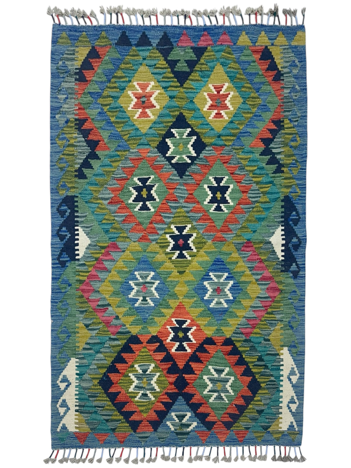 Afghan Kilim Rug 3x5, Blue, Olive Green & Teal, Hand-Woven Wool Flatweave
