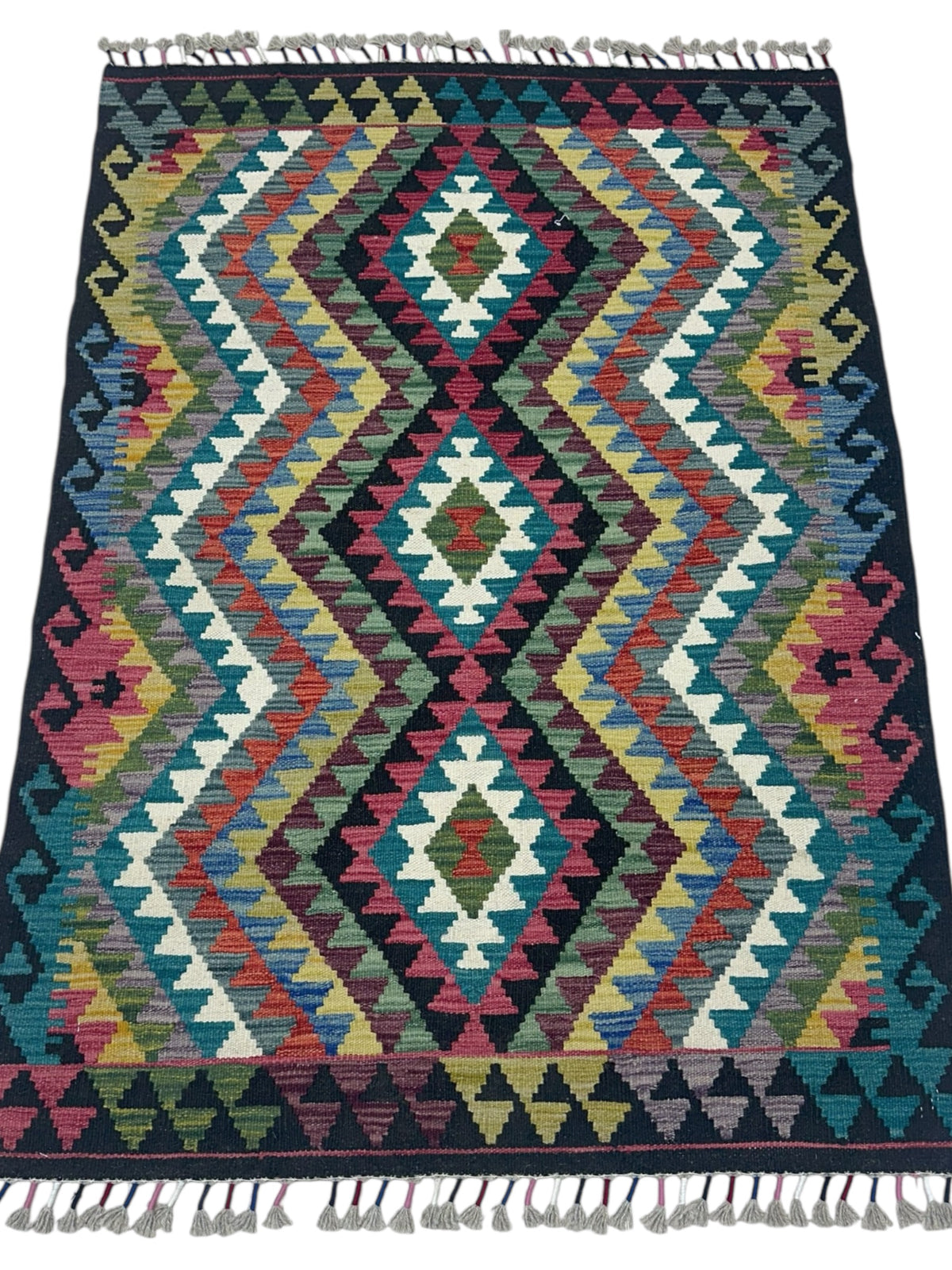 Afghan Kilim Rug 3x5, Black, Teal & Pink, Hand-Woven Wool Flatweave, view 2