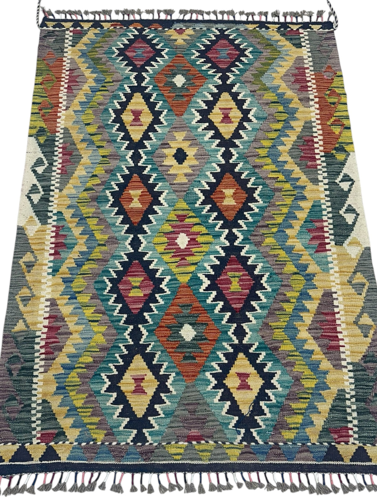 Afghan Kilim Rug 4x5, Gray, Gold & Navy, Hand-Woven Wool Flatweave, view 2