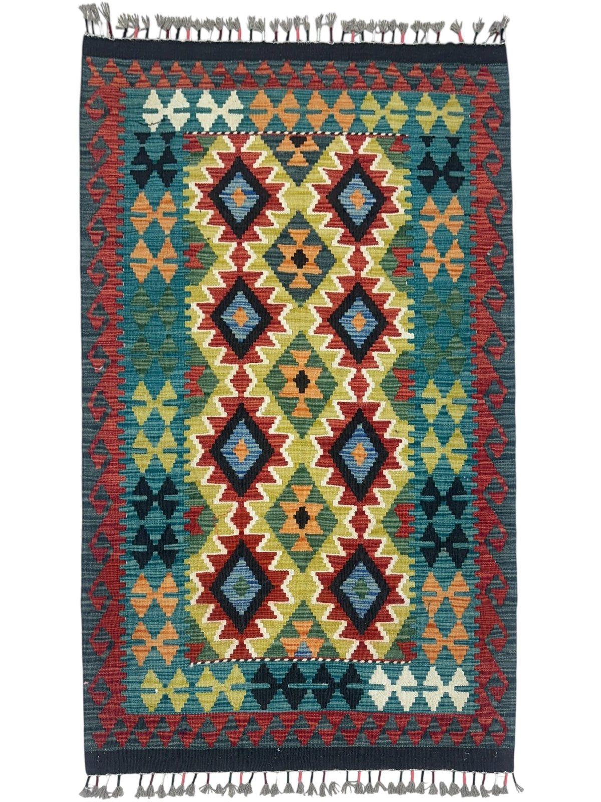 Afghan Kilim Rug 3x5, Teal, Red & Gold, Hand-Woven Wool Flatweave