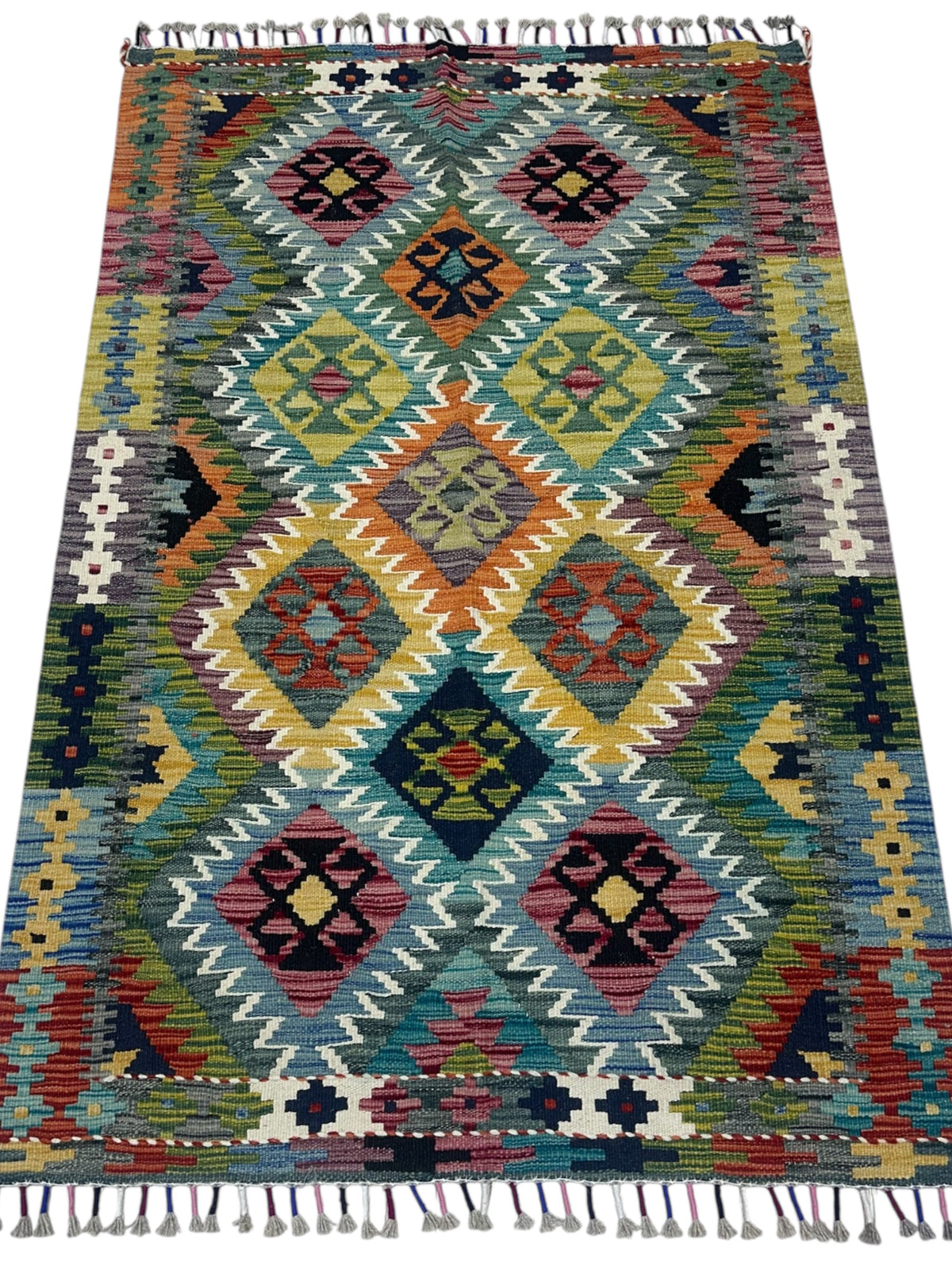 Afghan Kilim Rug 3x5, Olive Green, Teal & Gray, Hand-Woven Wool Flatweave, view 2