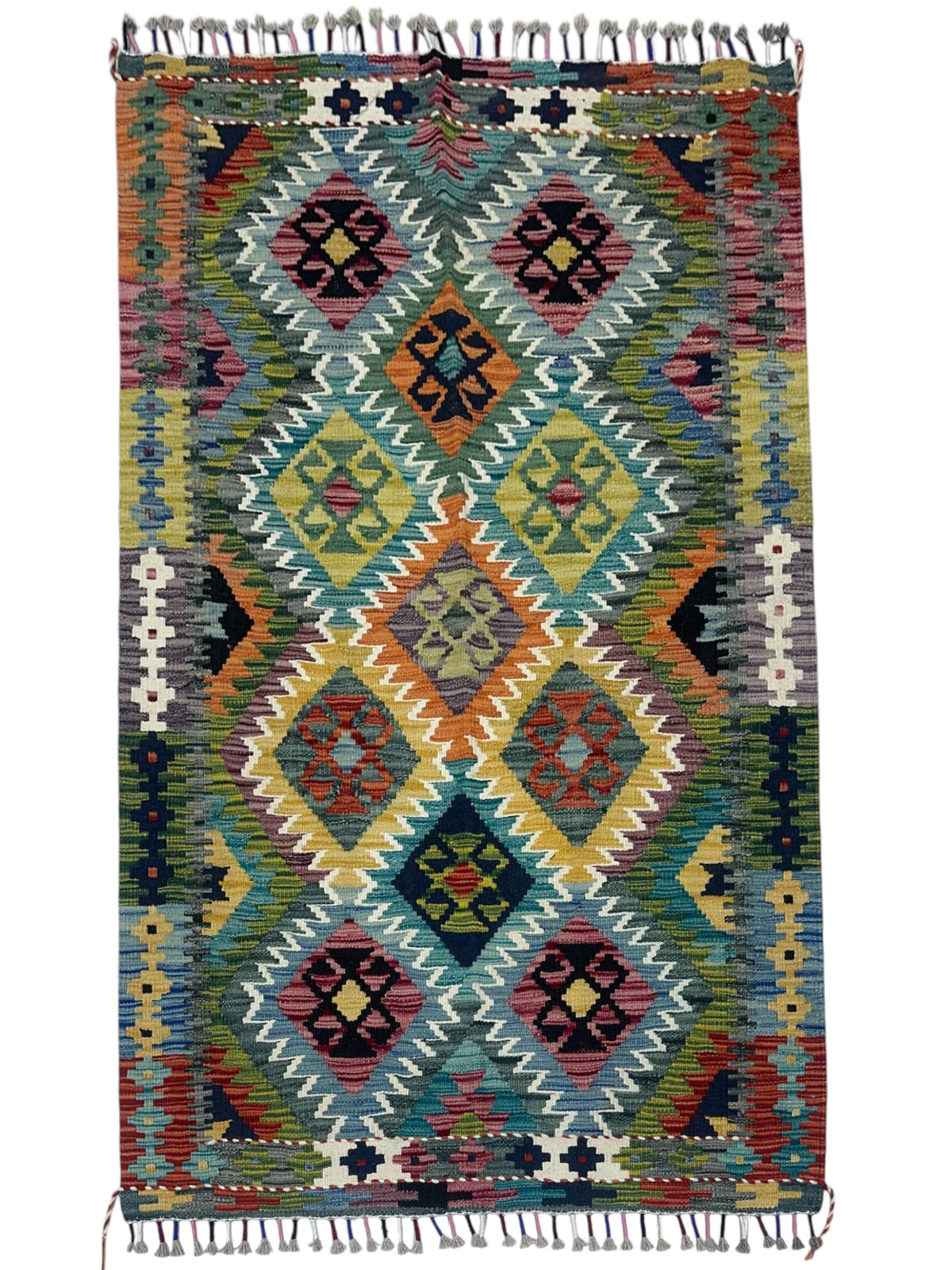 Afghan Kilim Rug 3x5, Olive Green, Teal & Gray, Hand-Woven Wool Flatweave
