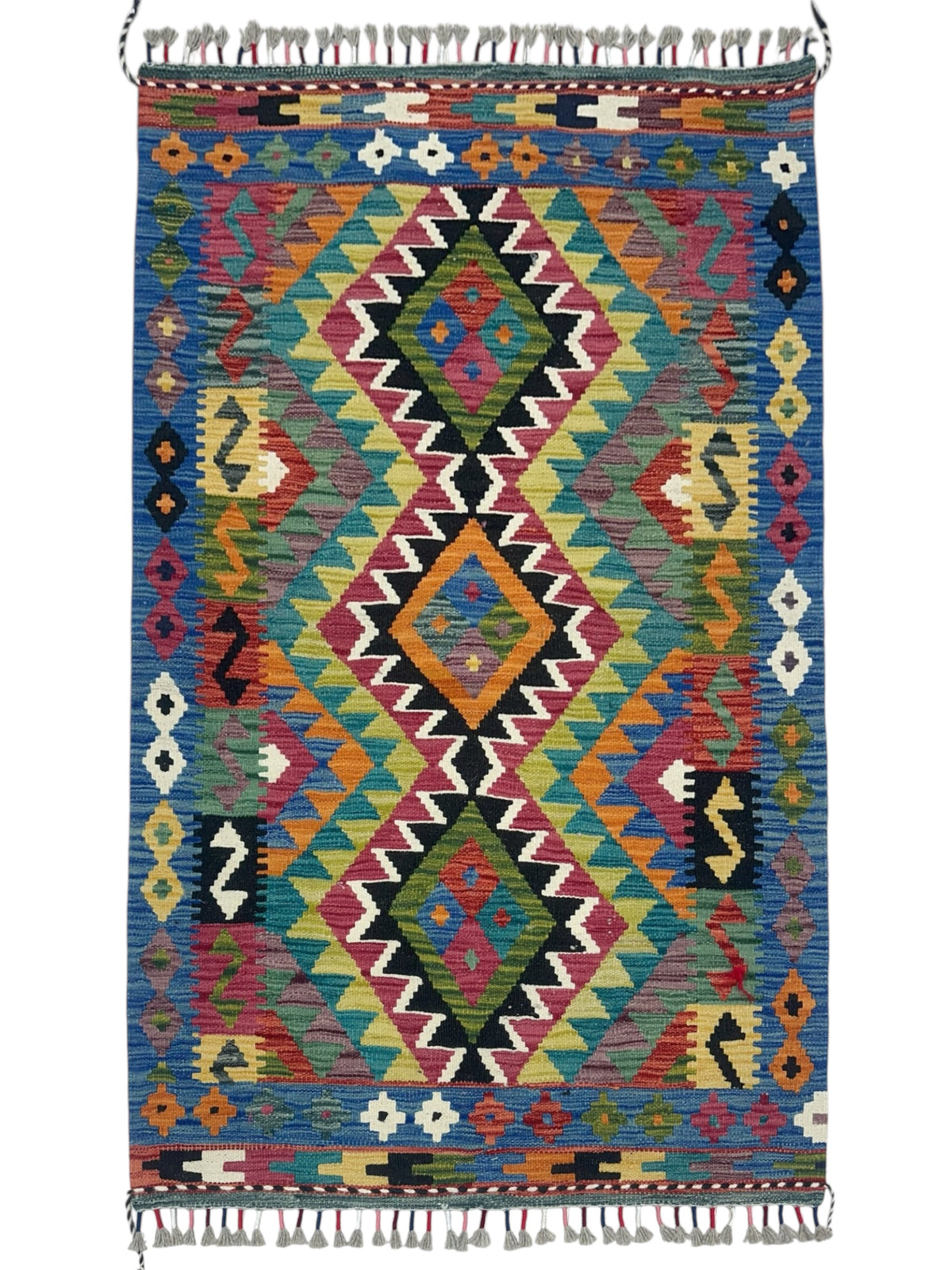Afghan Kilim Rug 3x5, Blue, Teal & Pink, Hand-Woven Wool Flatweave