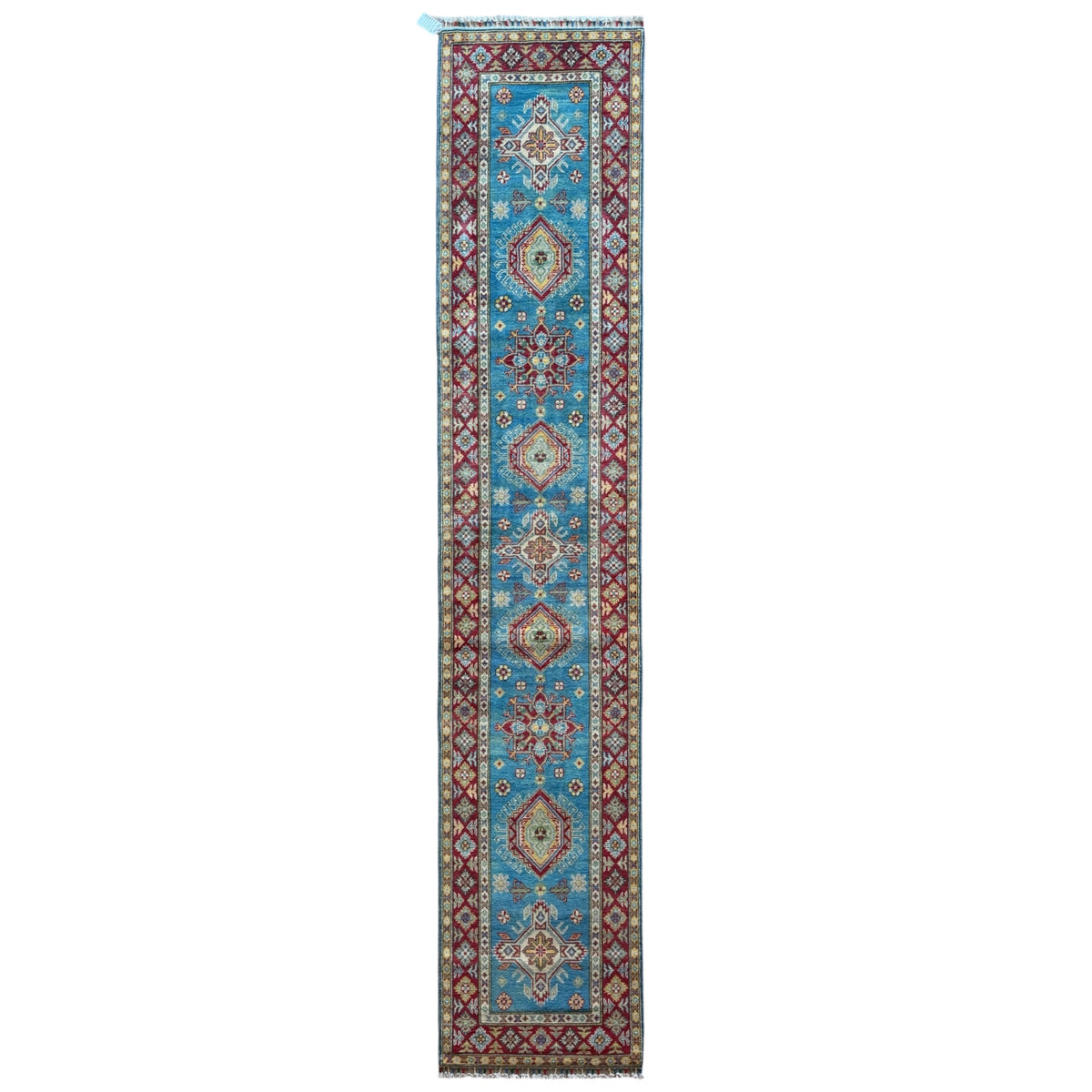 Afghan Kazak Hand-Knotted Wool Runner Rug - Sky Blue & Red