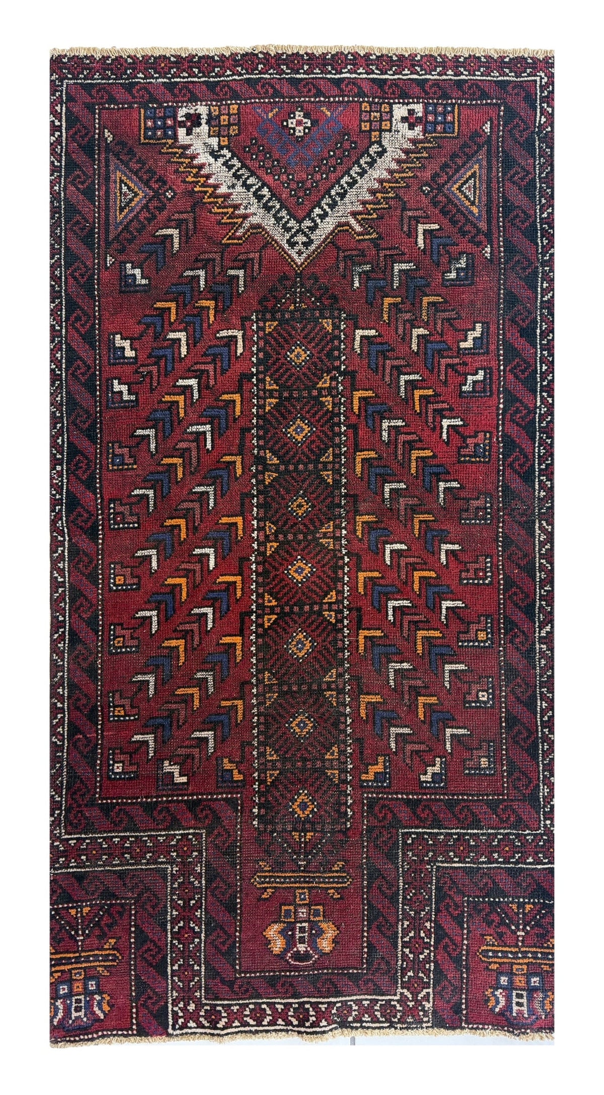 Vintage Baluch prayer rug | hand-knotted wool | red navy ivory | 3x6