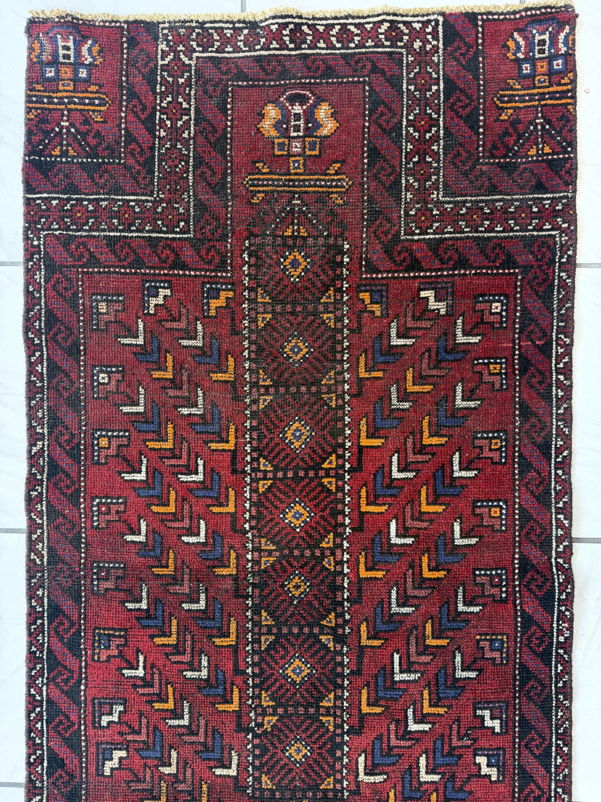 Baluch prayer rug niche | hand panels with tree motifs | red navy orange