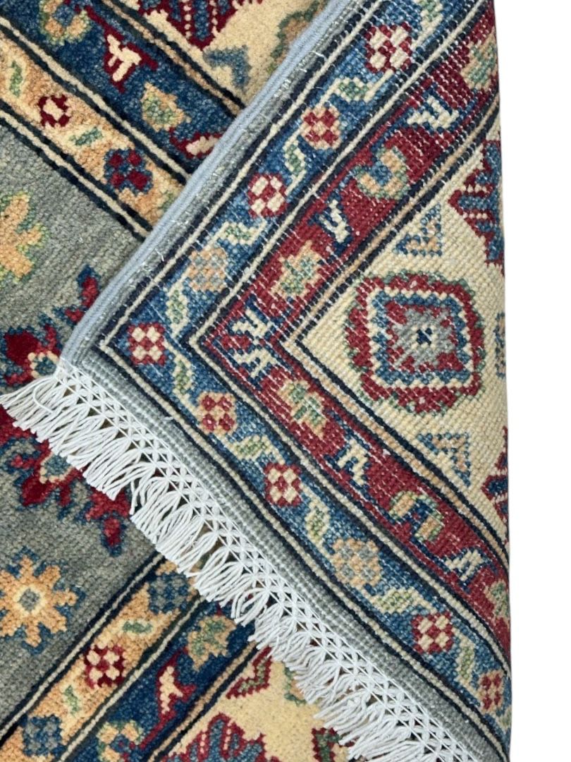 Afghan Kazak Rug 3'10" x 5'11", Hand-Knotted Wool, Beige & Red, view 4