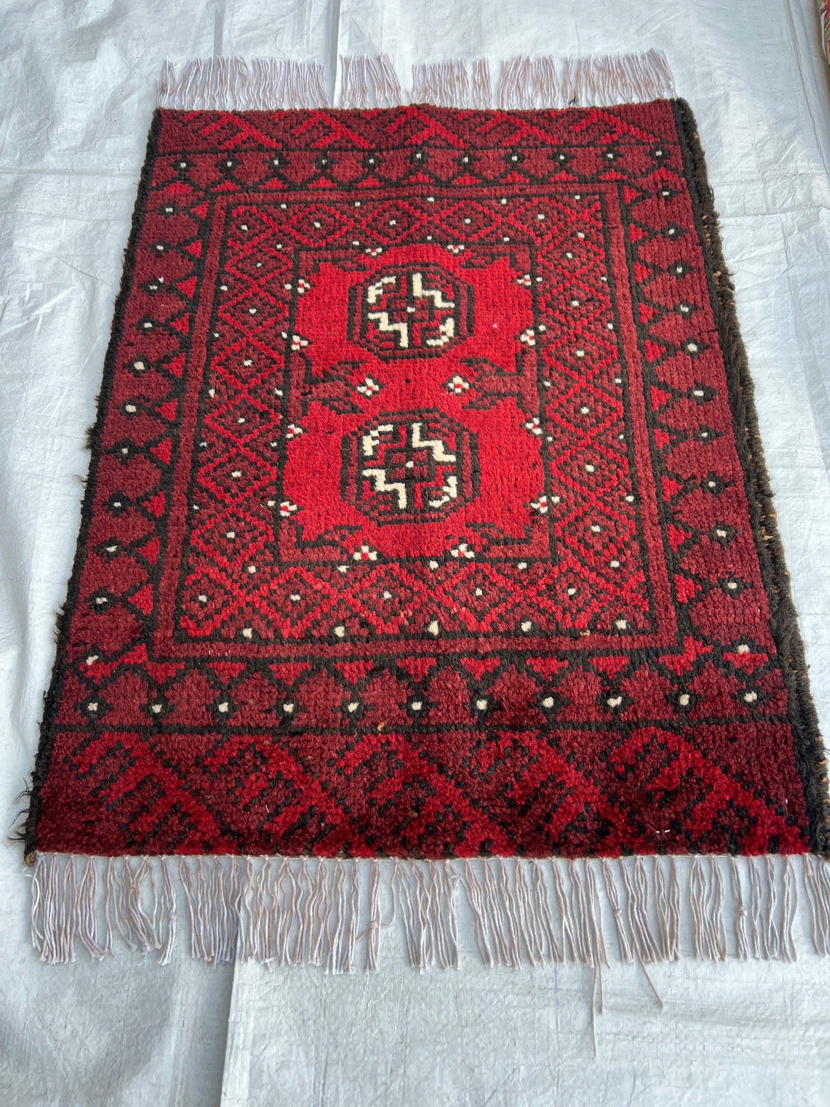 Baluch Turkmen Gul Rug 2x2 | Red, Black & Ivory | hand-knotted wool | full view, other end