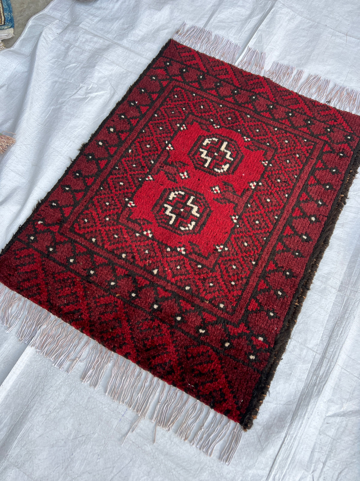 Baluch Turkmen Gul Rug 2x2 | Red, Black & Ivory | hand-knotted wool | angled view