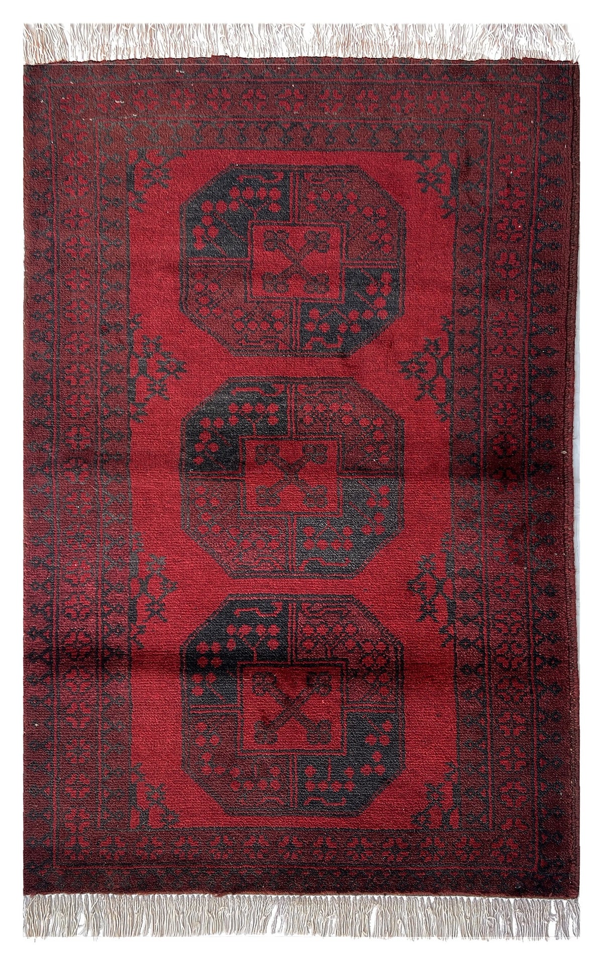 Afghan Baluch Rug 3x4 | deep red field with navy elephant-foot guls | gul design | hand-knotted wool