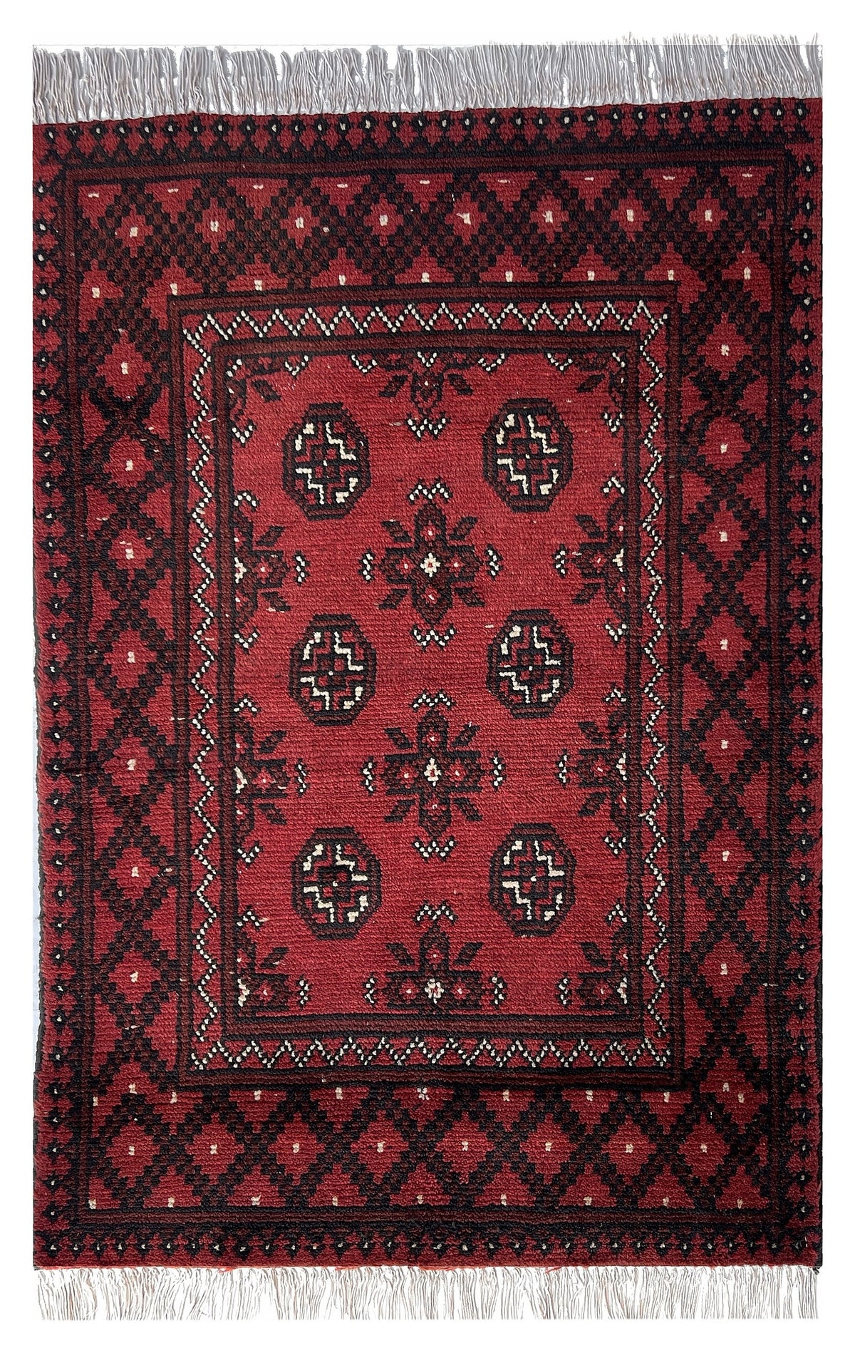 Afghan Baluch Rug 3x4 | deep red field with navy and ivory guls | gul design | hand-knotted wool