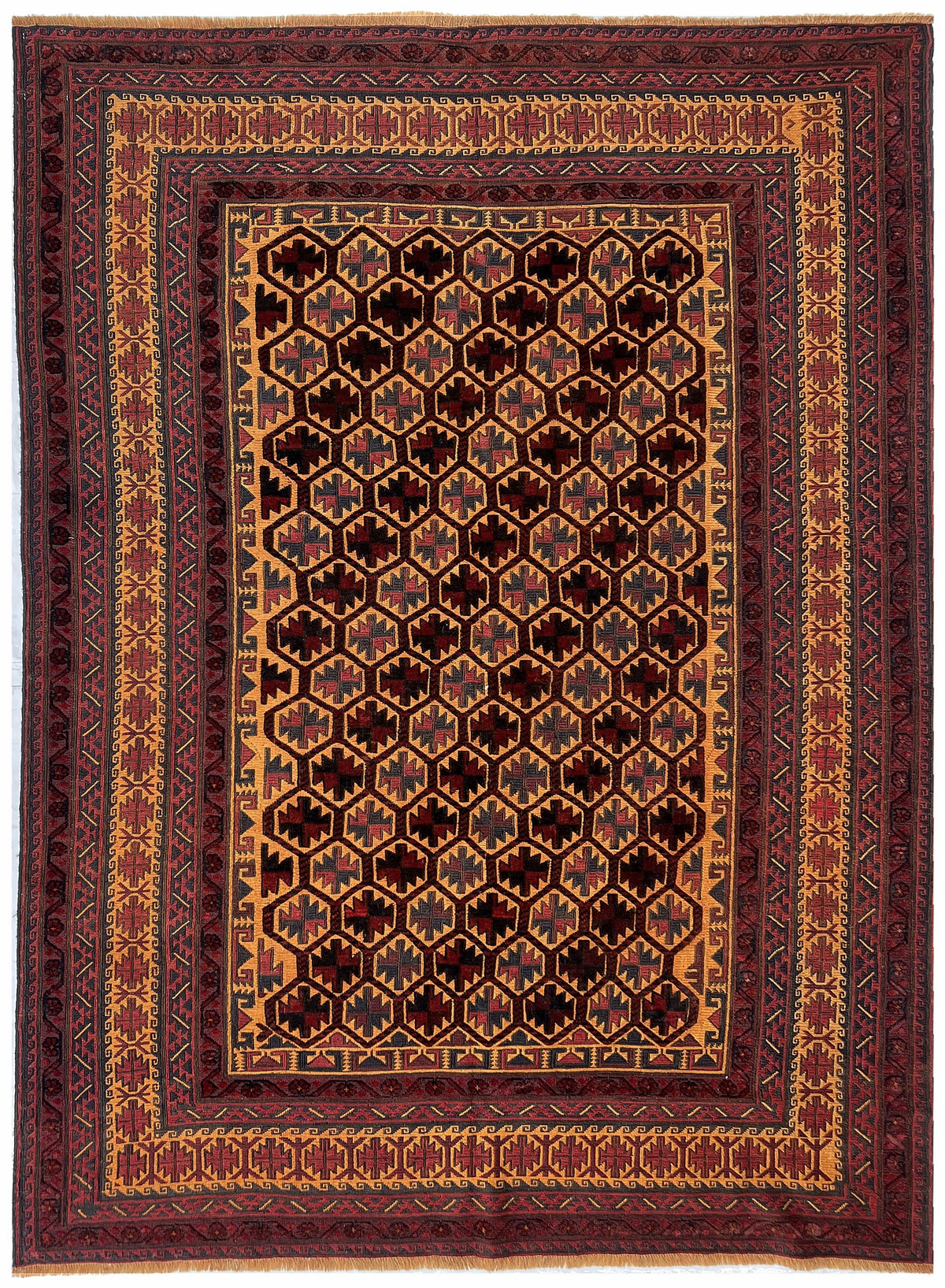 Afghan Baluch Rug 6x9 | black and gold lattice field inside burgundy borders | lattice design | hand-knotted wool