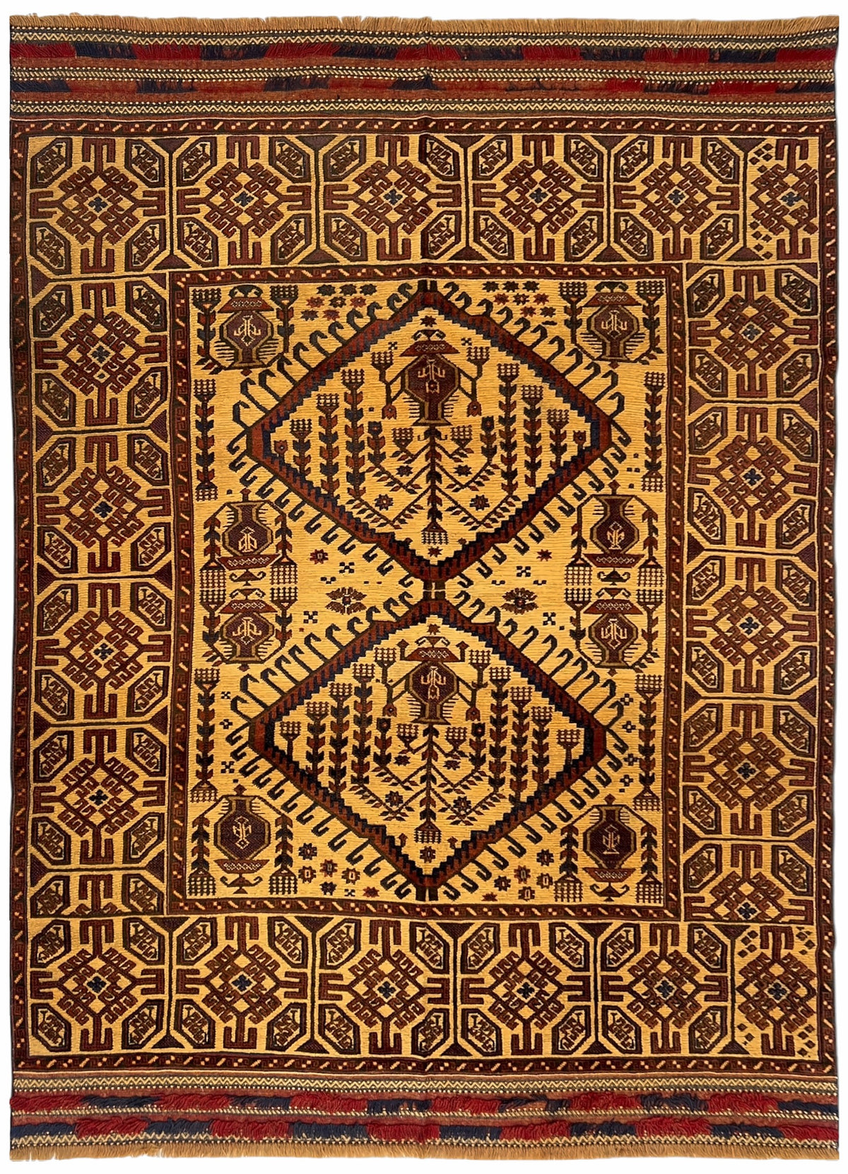 Afghan Baluch Rug 6x9 | gold field with two brown diamond medallions | medallion design | hand-knotted wool