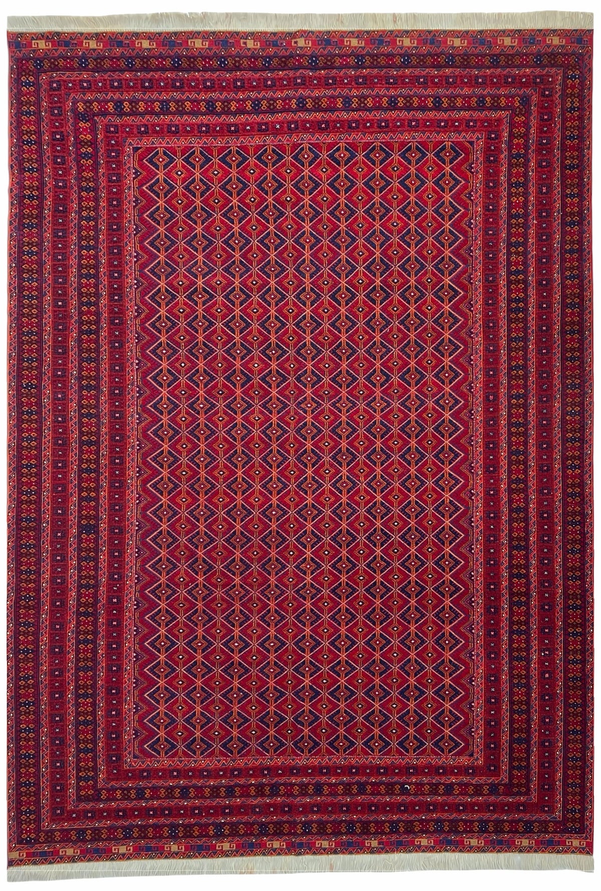 Afghan Baluch Rug 7x10 | red field with a fine diamond pattern inside many borders with navy & gold | lattice design | hand-knotted wool