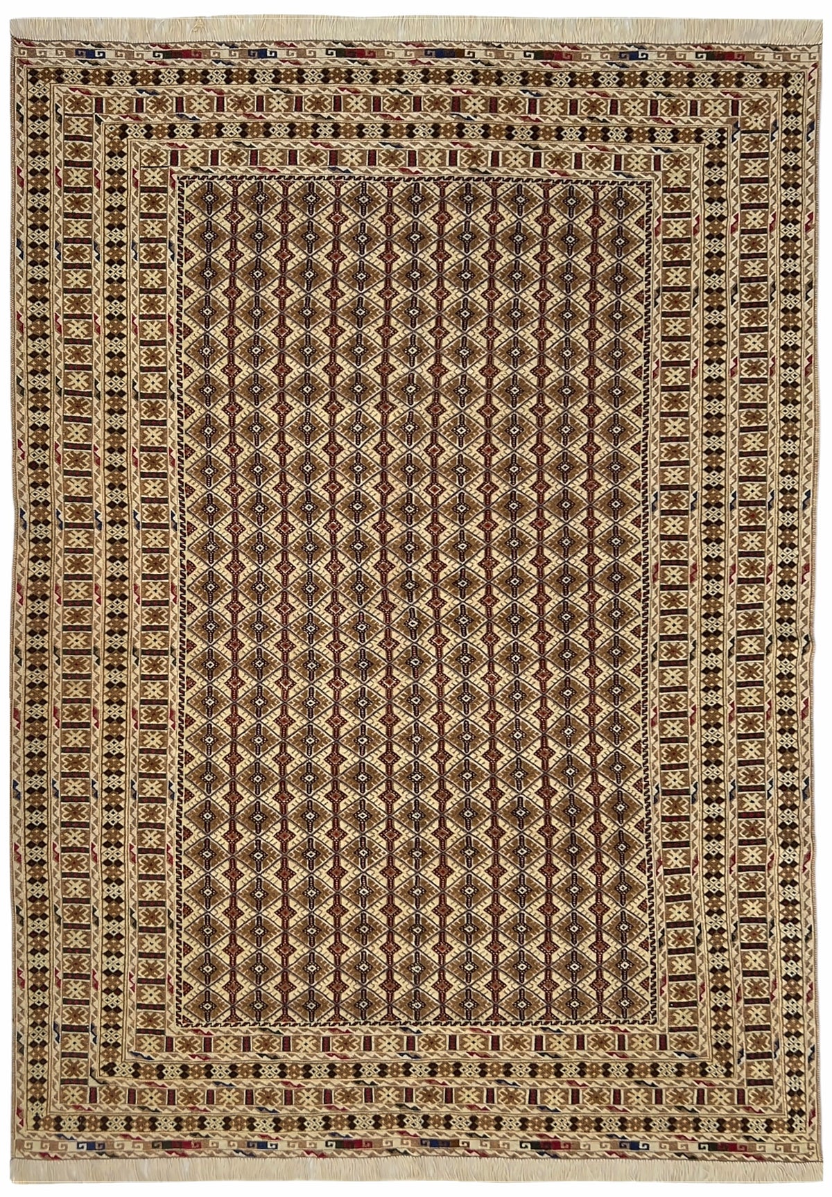 Afghan Baluch Rug 7x9 | beige field with a fine brown diamond pattern with red | lattice design | hand-knotted wool